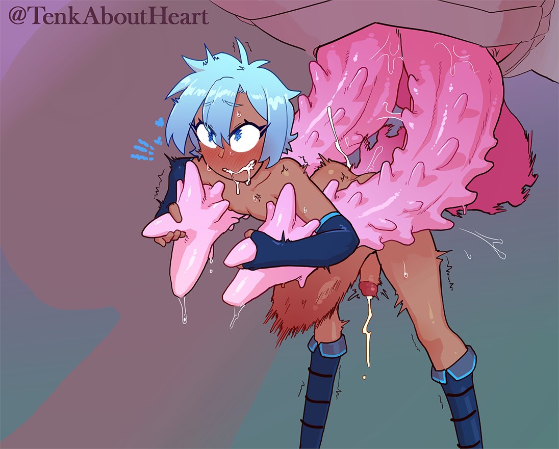2boys, anal, anal sex, animal genitalia, barbed penis, blue hair, blush, cecil (loafd), clenched teeth, cum, cum while penetrated, dark skin, dark-skinned femboy, dark-skinned male, drooling, ejaculation, erection, femboy, feral, feral on human, feral on male, hands-free, handsfree ejaculation, human, male, male only, monster, monster penis, multi genitalia, multi penis, nude, orgasm, penis, solo focus, sweat, tentacle on male, thetenk, triphallia, twink, yaoi, zoophilia
