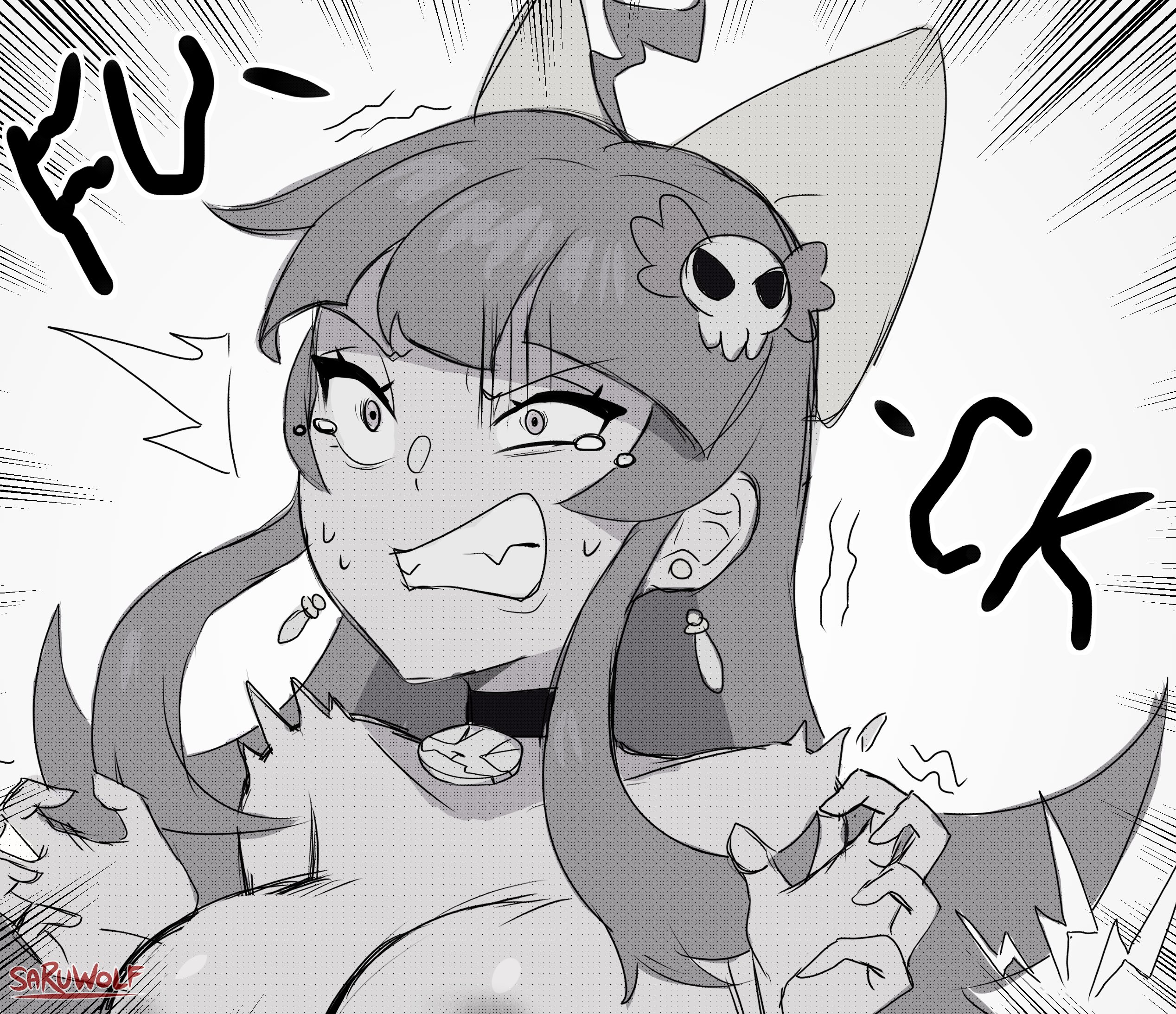 1girls, black and white, breasts, ear piercing, female, medium hair, monochrome, mostly nude, no color, oc, original, original character, sarukaiwolf, solo, text, violentine (sarukaiwolf)