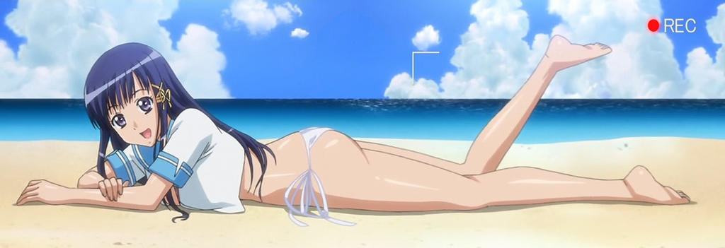 15_bishoujo_hyouryuuki 1girls ass beach blue_hair female female_only long_hair looking_at_viewer lying open_mouth open_shirt panties pose posing school_uniform screencap sideways smile stitched the_pose white_panties yotsuya_kotoko