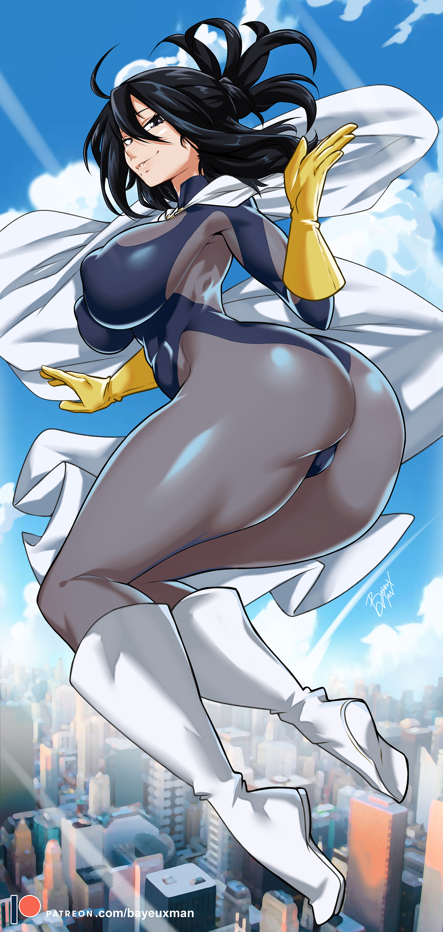 1girls, ass, bayeuxman, big ass, big butt, black hair, bodysuit, boots, breasts, eye contact, female, large ass, large breasts, leotard, long hair, looking at viewer, my hero academia, nana shimura, nipple bulge, skin tight, solo, thick ass, thick thighs, thighs, tight clothing
