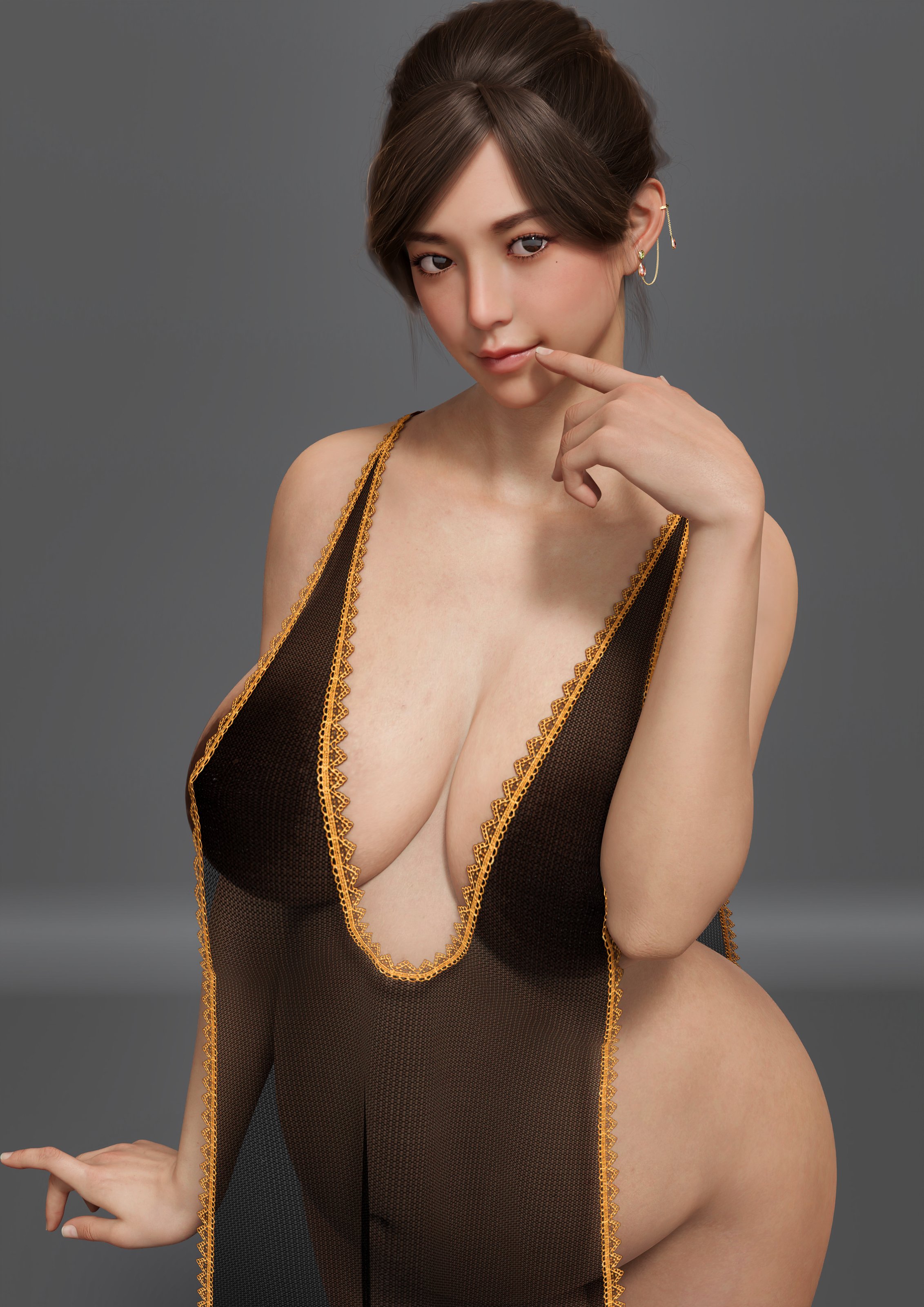 1girls, 3d, areolae, ass, baritatsu, big breasts, breasts, female, female only, hoop earrings, large breasts, looking at viewer, nipples, pregnant, solo, translucent clothing, transparent clothing