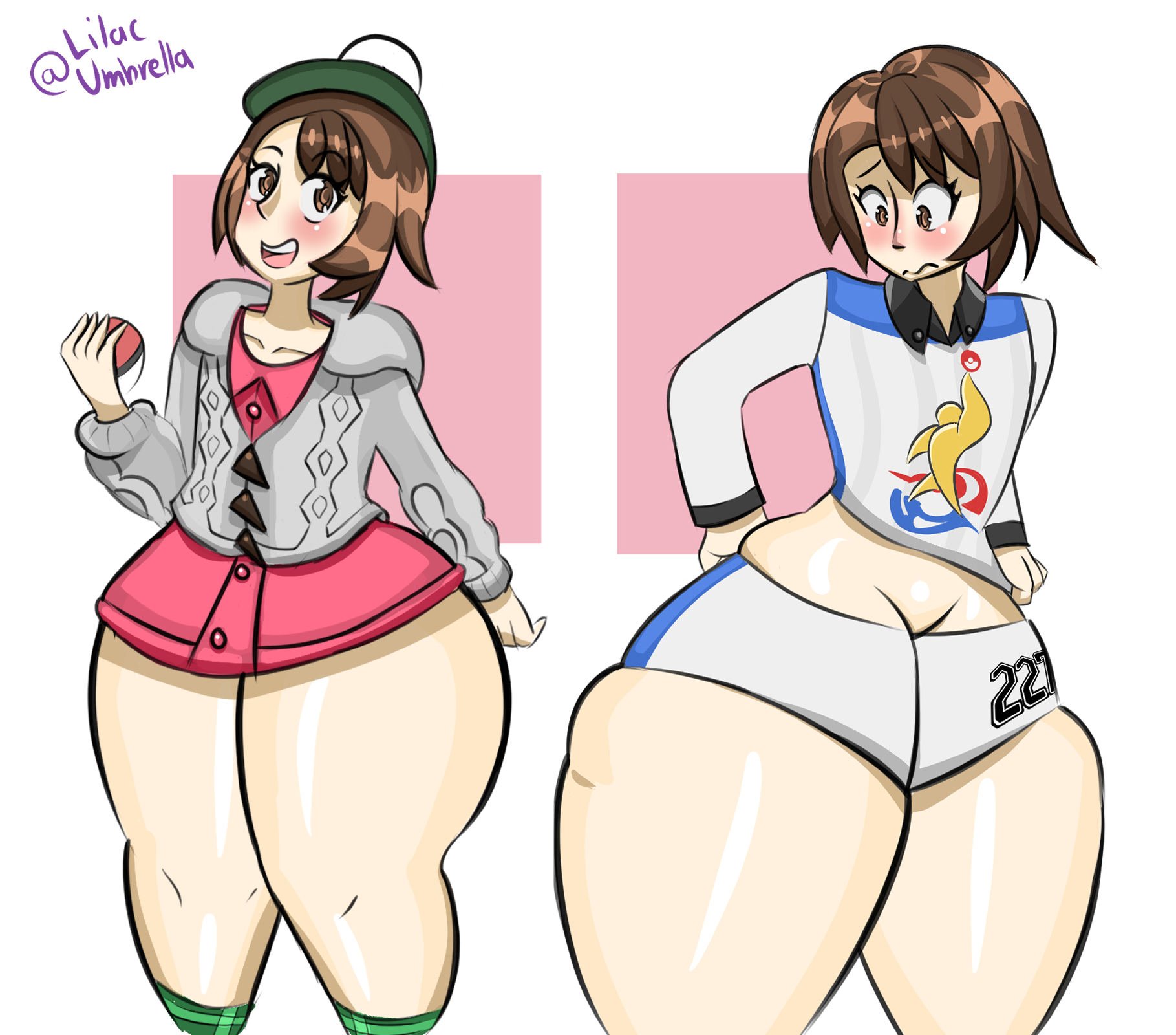 1girls, ass, ass hanging out, ass hanging out of shorts, ass hanging out of skirt, big ass, big butt, blush, booty shorts, bottom heavy, british, brollyinthewind, brown eyes, brown hair, cardigan, dress, dress shirt, embarrassed, fat thighs, female, football uniform, gloria (pokemon), green hat, green socks, gym clothes, hat, huge ass, huge butt, huge thighs, human, light skin, light-skinned female, lilacumbrella (artist), looking at ass, looking at butt, nervous, pale skin, pale-skinned female, pink dress, pokeball, pokemon, pokemon ss, pokemon trainer, short hair, short shorts, shorts, simple background, socks, solo, solo female, solo focus, struggle, struggling, struggling to fit, thick thighs, thigh bulge, wardrobe malfunction, watermark, wide eyed, wide hips, wide thighs, young