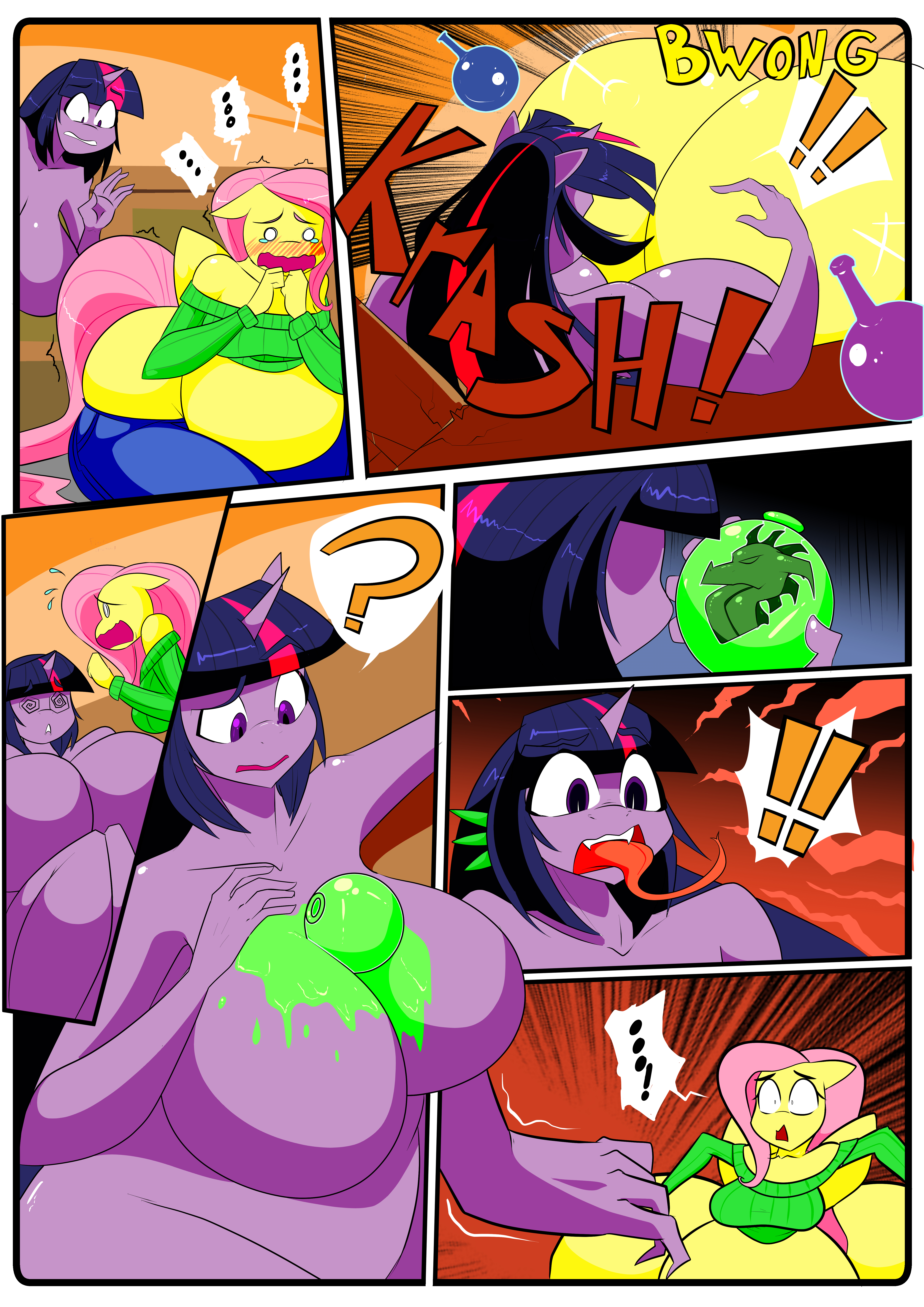 !, ?, ..., absurd res, anthro, ass, ass expansion, belly expansion, big ass, big breasts, big butt, blush, breasts, butt expansion, comic, dragon, equid, equine, expansion, featureless breasts, female, fluttershy (mlp), friendship is magic, hasbro, hi res, horn, huge ass, huge belly, huge breasts, huge butt, hybrid, inflation, mammal, my little pony, no nipples, nude, pegasus, straight hair, transformation, twilight sparkle (mlp), unicorn, vale-city, wardrobe malfunction, wings