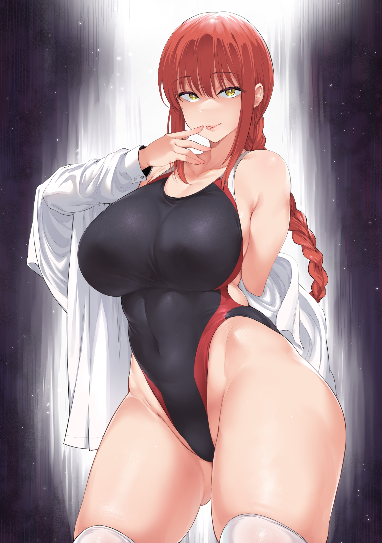 1girls, braid, breasts, chainsaw man, female, fringe, highleg, highleg swimsuit, large breasts, licking lips, long hair, looking at viewer, makima (chainsaw man), one-piece swimsuit, open clothes, open shirt, plump, ponytail, red hair, shirt, solo, swimsuit, thick thighs, thighhighs, wide hips, yellow eyes, yomomirin