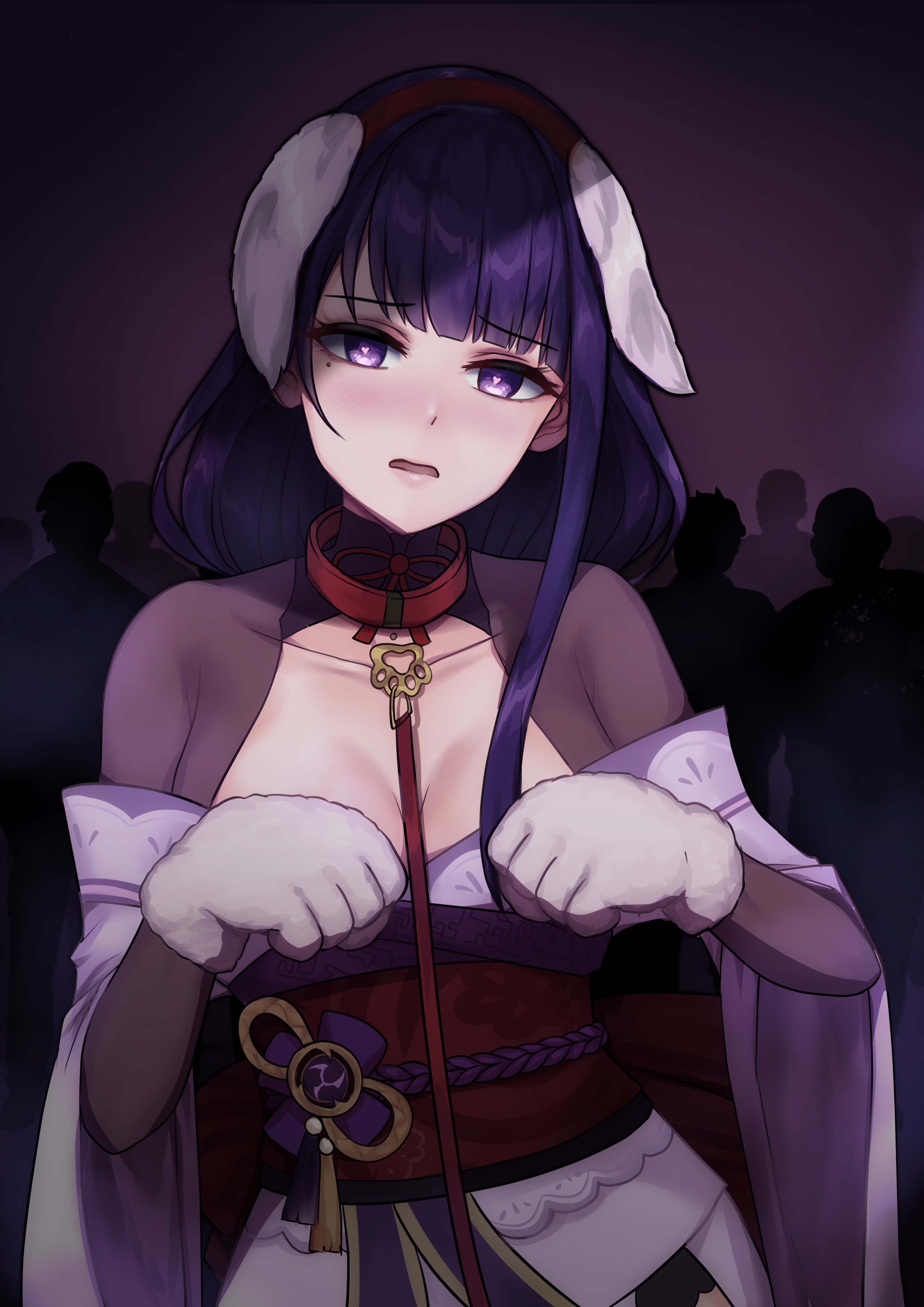 beauty mark, blush, breasts, collar, dog ears, dog gloves, embarrassed, female, flareza, genshin impact, heart-shaped pupils, japanese clothes, leash, leash and collar, mole, mole under eye, petplay, purple eyes, purple hair, raiden shogun