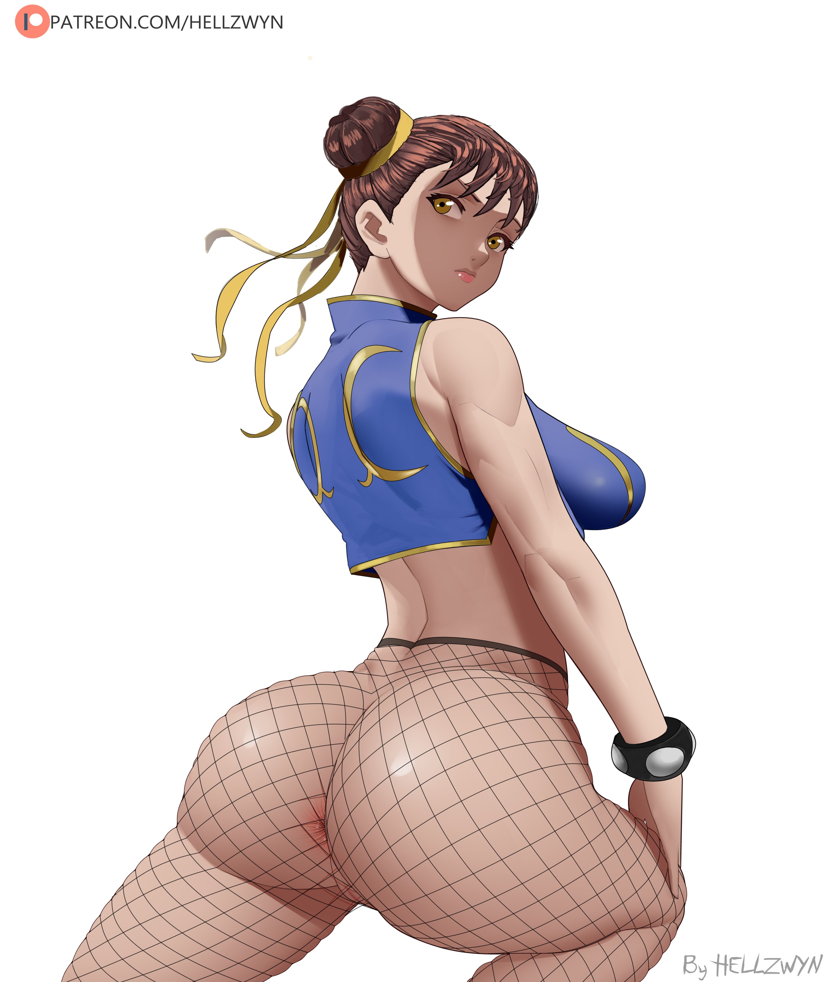 1girls, anus, ass, back view, big ass, bracelet, breasts, brown eyes, brown hair, bubble ass, bubble butt, capcom, chun-li, female, fishnets, hair bun, hair ribbon, hand on knee, hell904, highres, looking at viewer, looking back, pinup, pussy, sideboob, simple background, sleeveless, solo, street fighter, white background
