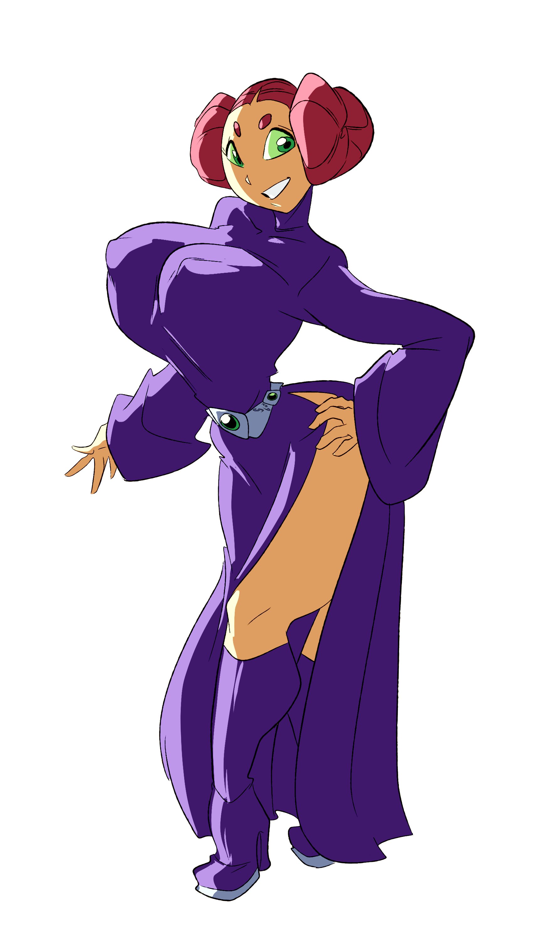 1girls, big breasts, boots, breasts, busty, cosplay, crossover, curvy, cute, dc, dc comics, female, high heel boots, high heels, huge breasts, princess leia organa, purple dress, red hair, slb, solo, star wars, starfire, teen titans, thick thighs, wide hips