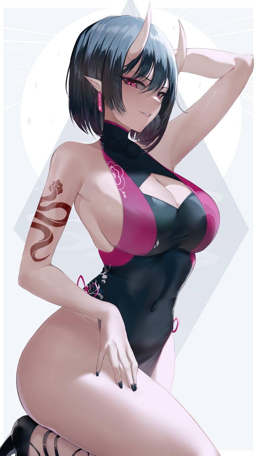 1girls, arms up, bangs, bare shoulders, black hair, breasts, cleavage, earrings, eyeshadow, female, highres, horns, jewelry, large breasts, leotard, looking at viewer, makeup, nail polish, oni, oni female, oni horns, oni noodle, onikanzei, original, pointy ears, purple eyes, shiny skin, short hair, sleeveless, smile, solo, tattoo