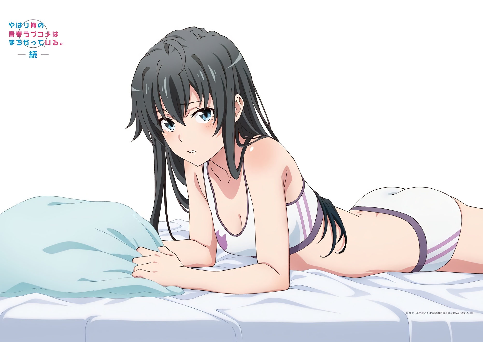 1girls, ass, bed, black hair, blue eyes, blue pillow, breasts, eyebrows visible through hair, female, full body, high resolution, long hair, looking at viewer, lying, lying on bed, my teen romantic comedy snafu, official art, on bed, on stomach, pillow, solo, tagme, the pose, yukinoshita yukino