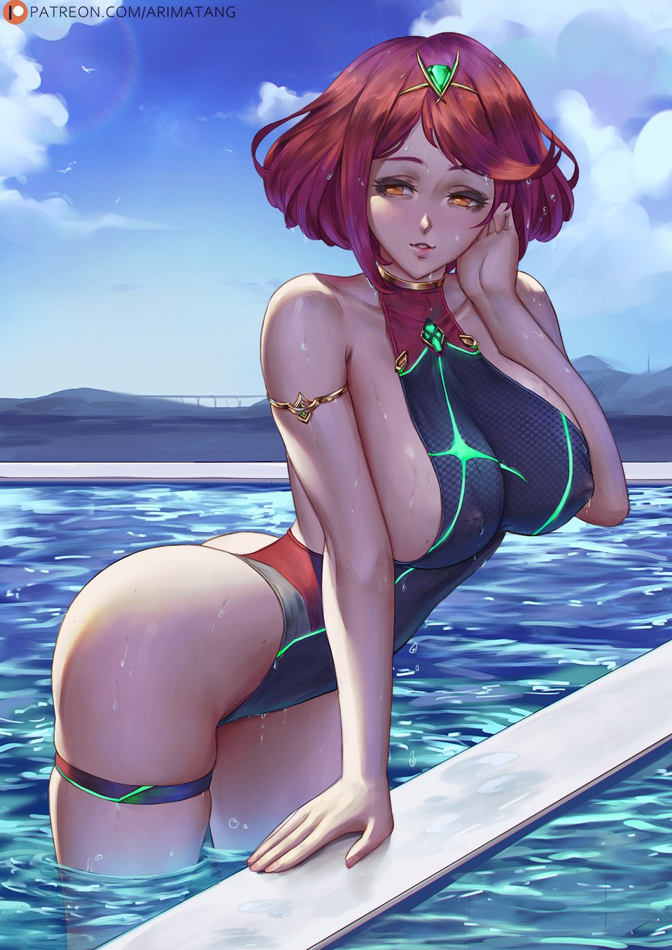 1girls, 2021, alternate costume, arimatang, armlet, artist signature, ass, ass cheeks, bangs, bare arms, bare legs, barely contained, black swimsuit, breasts, competition swimsuit, core crystal, earrings, erect nipples, erect nipples under clothes, female, female focus, female only, hair ornament, hand in hair, highleg swimsuit, hips, huge breasts, large ass, looking at viewer, naughty face, nintendo, nipples, one-piece swimsuit, outdoors, pool, poolside, pyra, red eyes, red hair, short hair, sideboob, skindentation, slim waist, smile, smiling at viewer, suggestive look, swept bangs, thick lips, thick thighs, thigh strap, thighs, tiara, water, wedgie, wet, wet body, wide hips, xenoblade (series), xenoblade chronicles 2