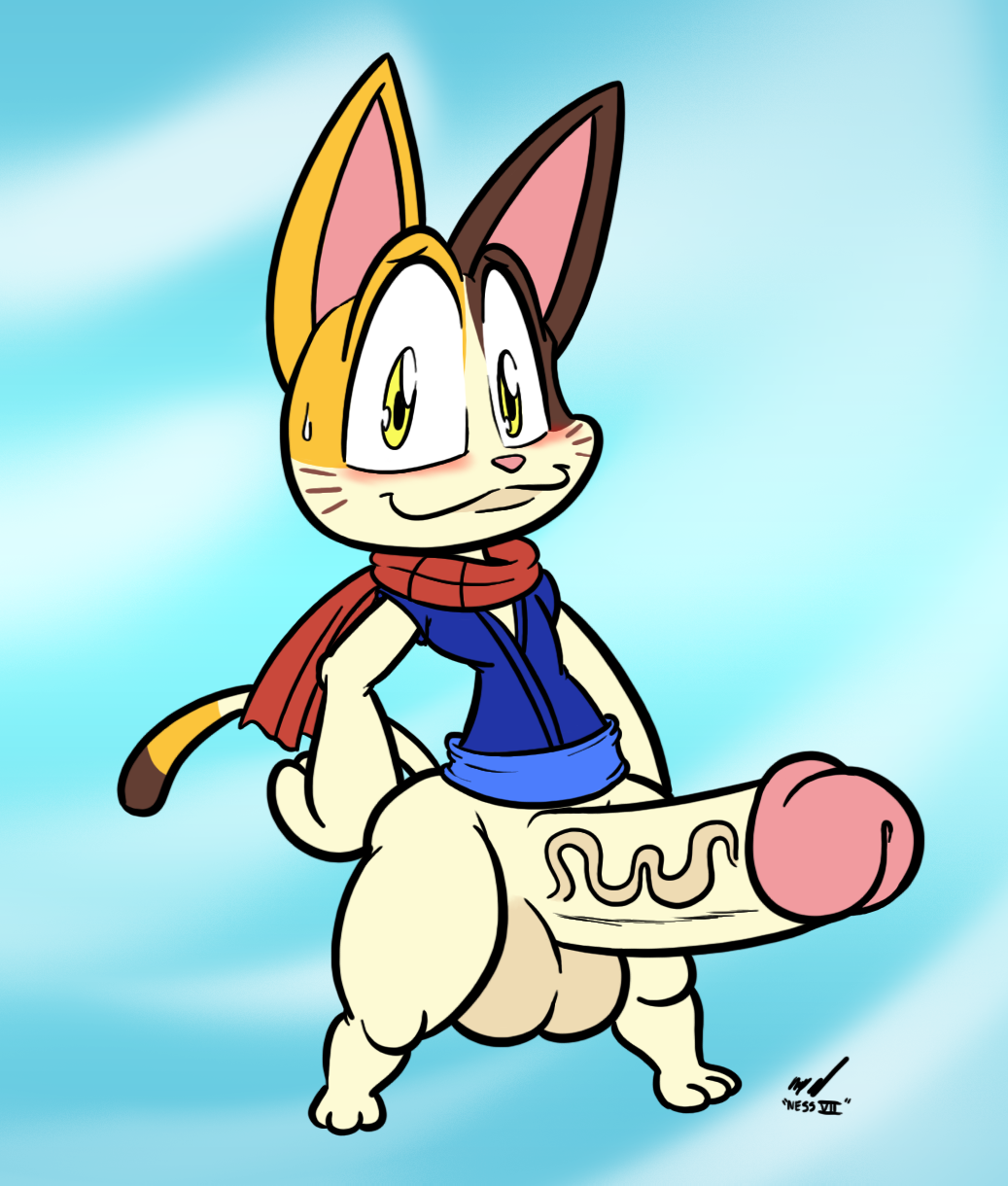 blush bottomless doodle_champion_island_games feline furry genderswap genderswap_(ftm) google google_doodle huge_balls huge_cock looking_at_viewer lucky_(google) nessvii rule_63 scarf smile tail whiskers yaoi yellow_eyes