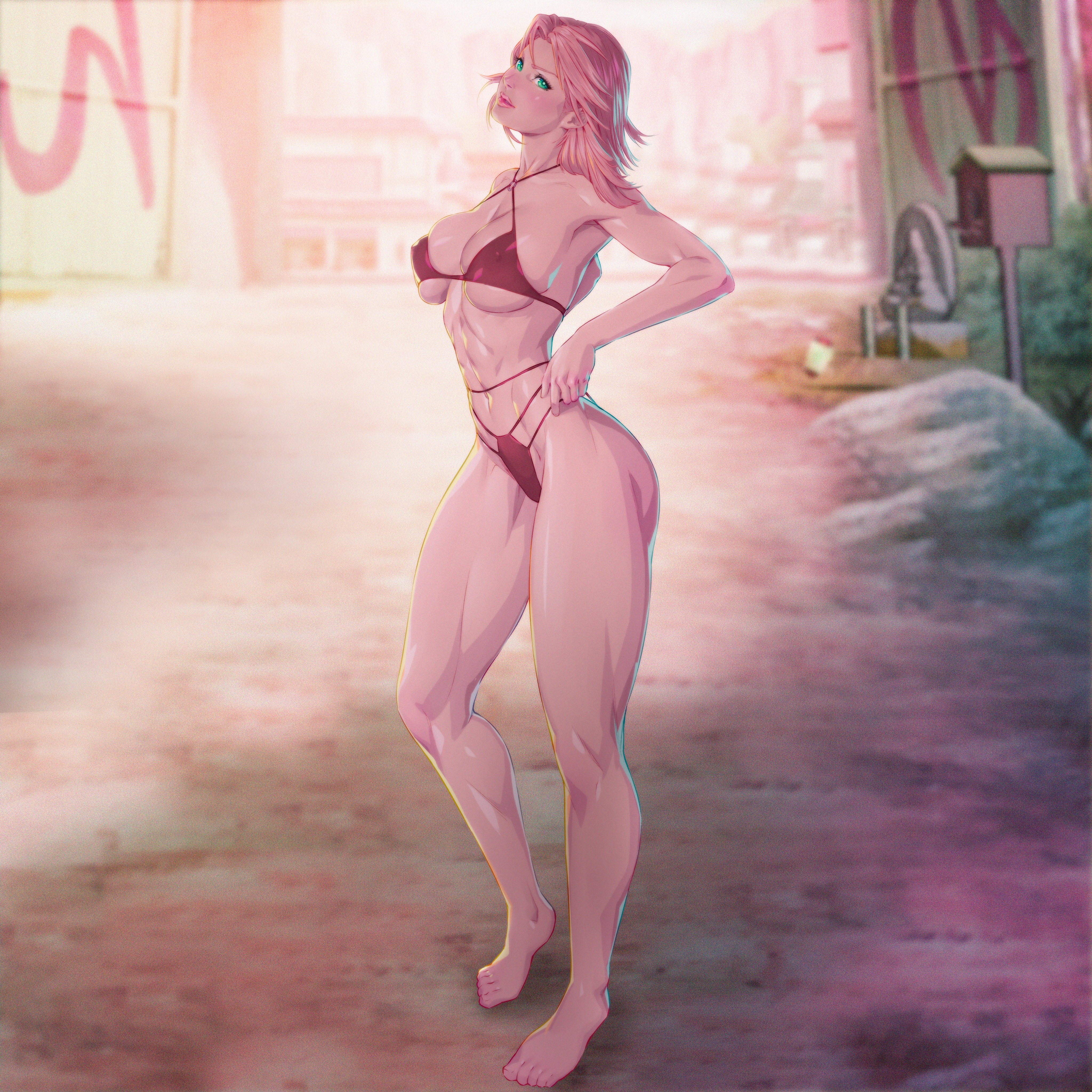 1girls, arttoru, big breasts, bikini, breasts, female, female only, full body, naruto, naruto (series), naruto: the last, sakura haruno, shounen jump, solo, solo female, thick thighs