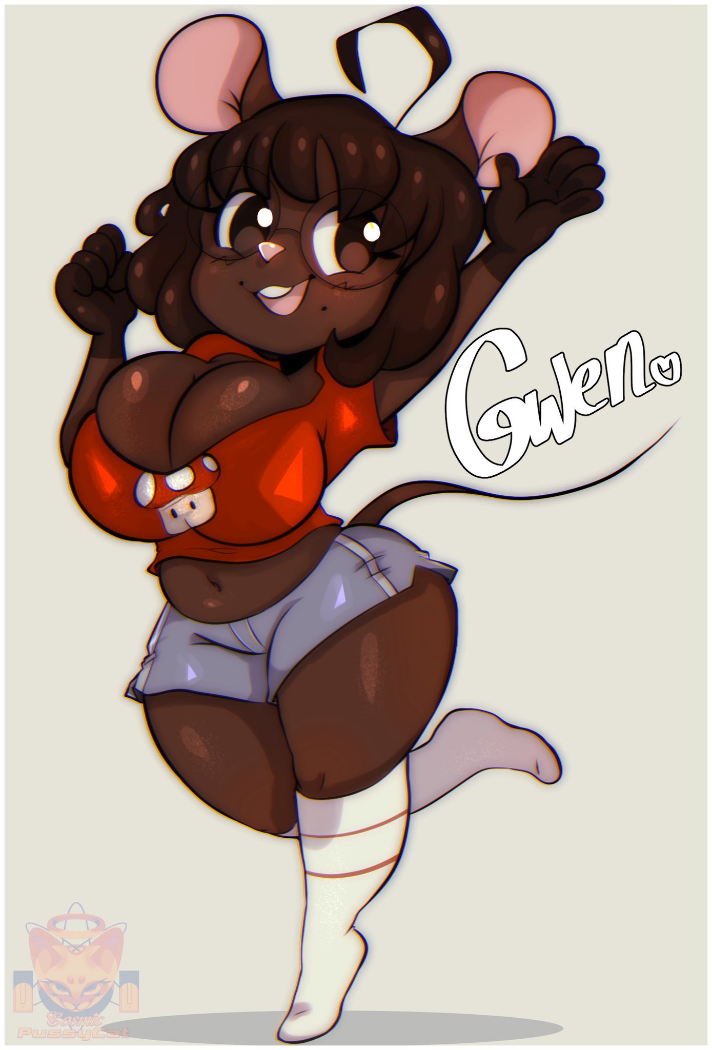 beauty mark, big breasts, breasts, cosmicpussycat, female, fur, gwen martin, heart, mario (series), mouse, super mushroom, text, thick thighs, wide hips