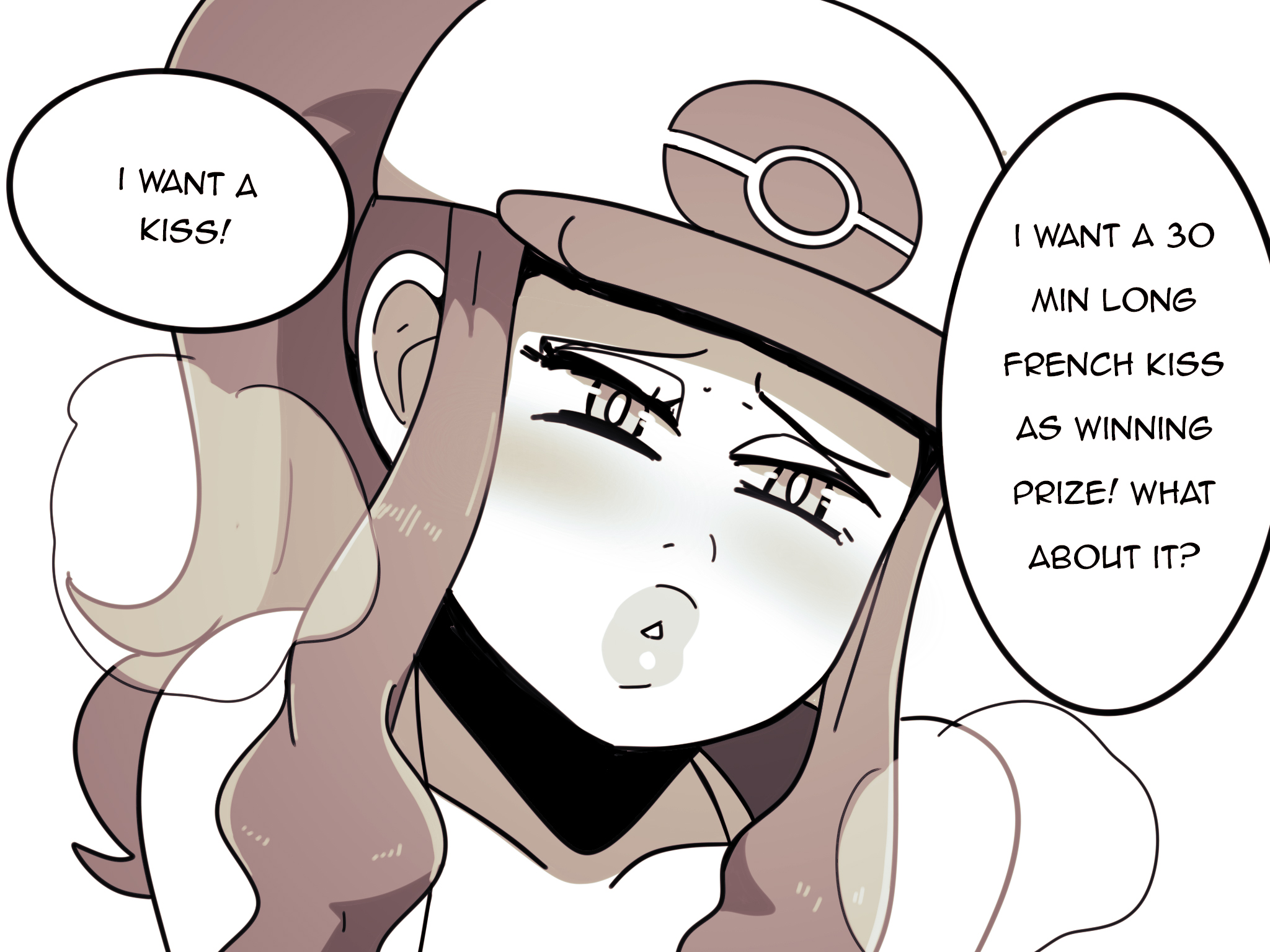 1girls, dialogue, english text, female, female only, hi res, hilda (pokemon), imminent kiss, lips, lipstick, looking at viewer, nintendo, pokemon, pokemon bw, solo, solo female, solo focus, speech bubble, talking to viewer, white background, wolfgang bang, year request