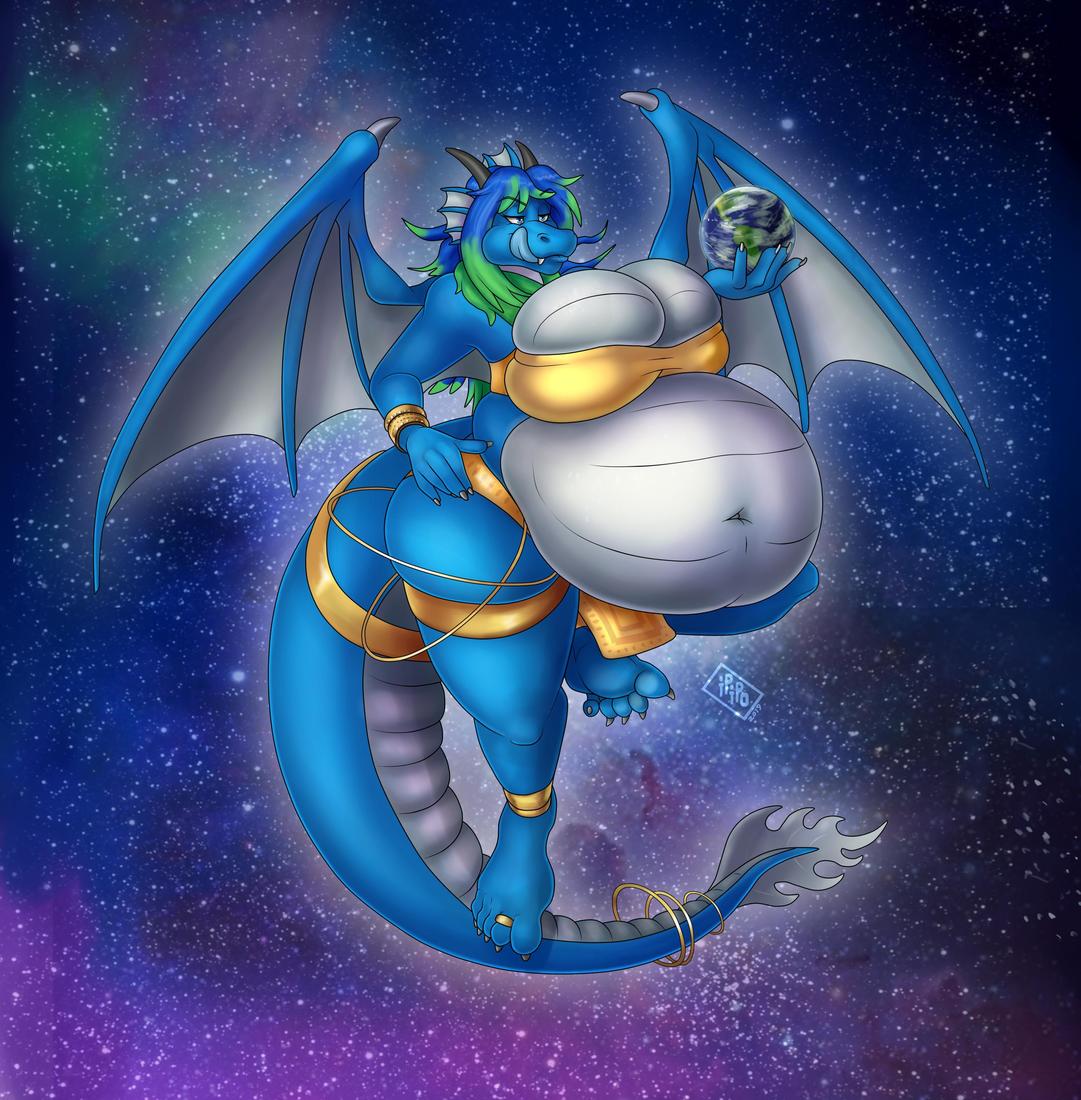 1girls 2019 barefoot belly blur bra chubby december dragoness earth fat female female_focus floating galaxy giantess goddess gold implied_vore ipipo macro macro/micro obese_female outer_space overweight overweight_female planet plantigrade queen sapphy scalie slurp space toe_ring tongue_out wings