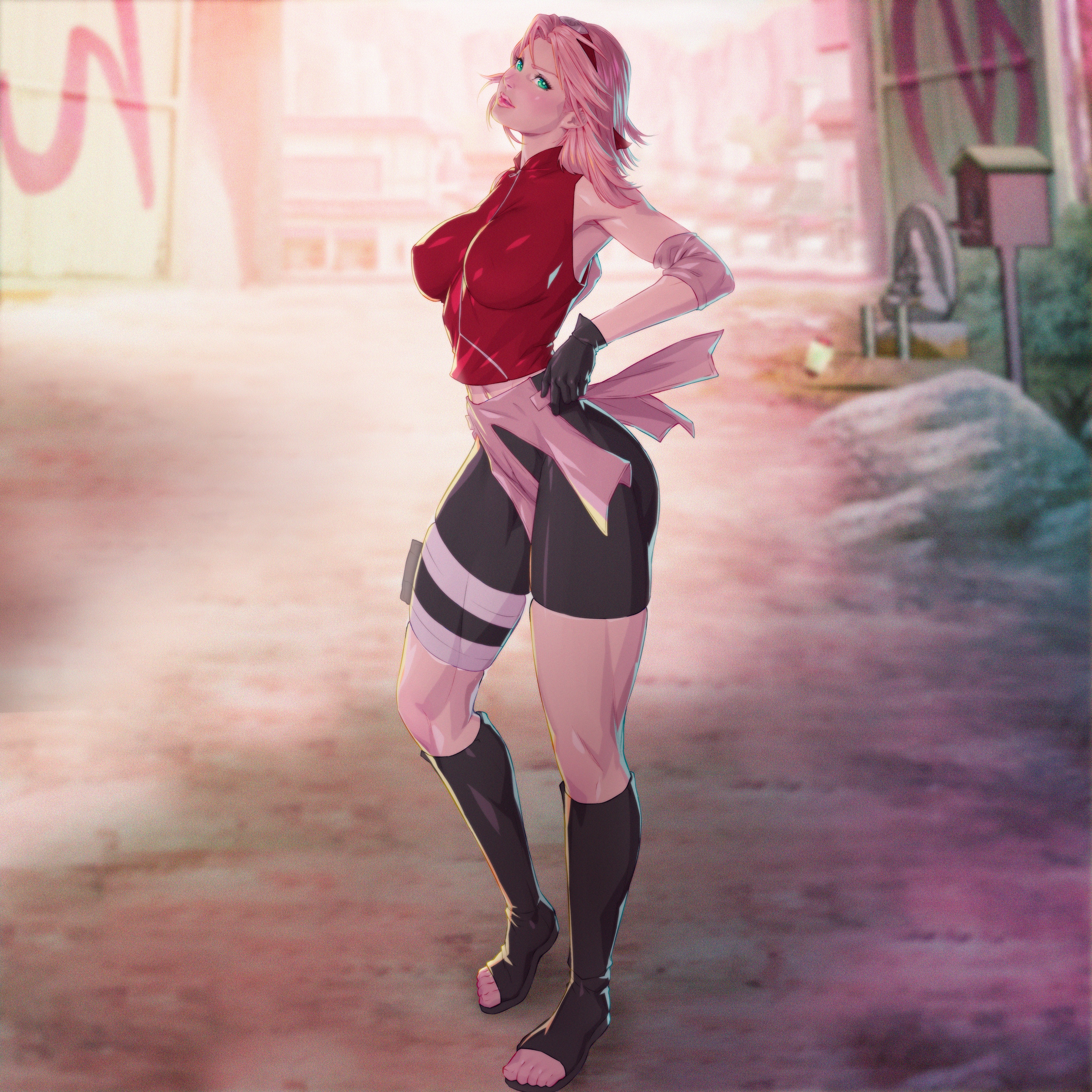1girls, arttoru, big breasts, breasts, female, female only, full body, fully clothed, green eyes, naruto, naruto (series), nipple bulge, pink hair, sakura haruno, shounen jump, solo, solo female, thick thighs, tight clothing