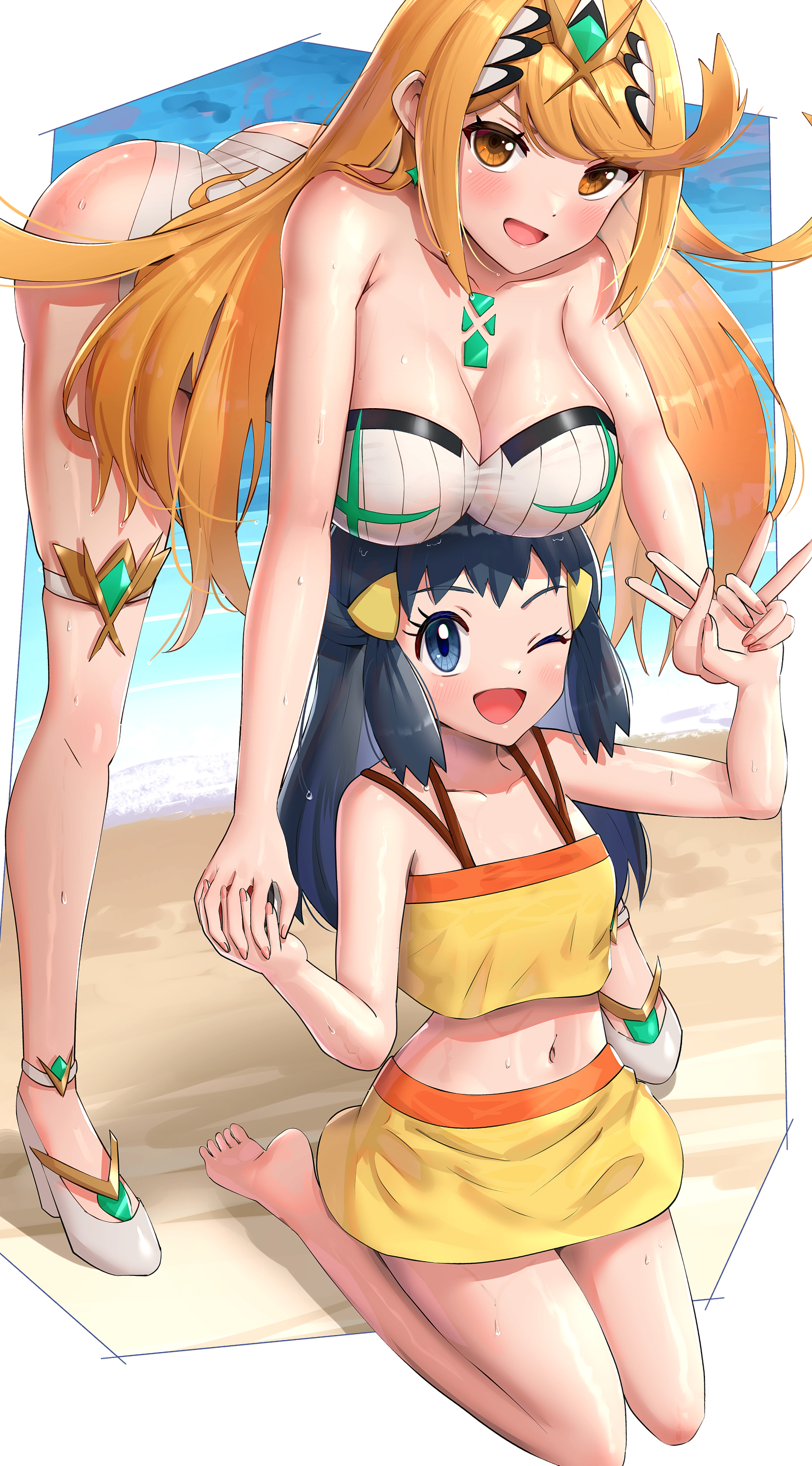 2021, 2girls, ass, bangs, bare legs, barefoot, beach ball, belly button, bending over, bent over, blonde hair, blue eyes, blue hair, blush, boob hat, breasts, breasts on head, cleavage, core crystal, crossover, dawn (pokemon), feet, female, female focus, female only, gold eyes, gonzarez, hair ornament, hairclip, hanging breasts, heels, hi res, holding hands, huge breasts, kneeling, large ass, long hair, looking at viewer, microskirt, mythra, name connection, nintendo, one-piece swimsuit, peace sign, petite, pokemon, pokemon (anime), pokemon dppt, sand, simple background, size play, skirt, slim waist, small breasts, smaller female, smile, smiling at viewer, swept bangs, taller female, thick thighs, thigh strap, thighs, tiara, water, white border, white heels, white swimsuit, wink, winking, winking at viewer, xenoblade (series), xenoblade chronicles 2, yellow swimsuit