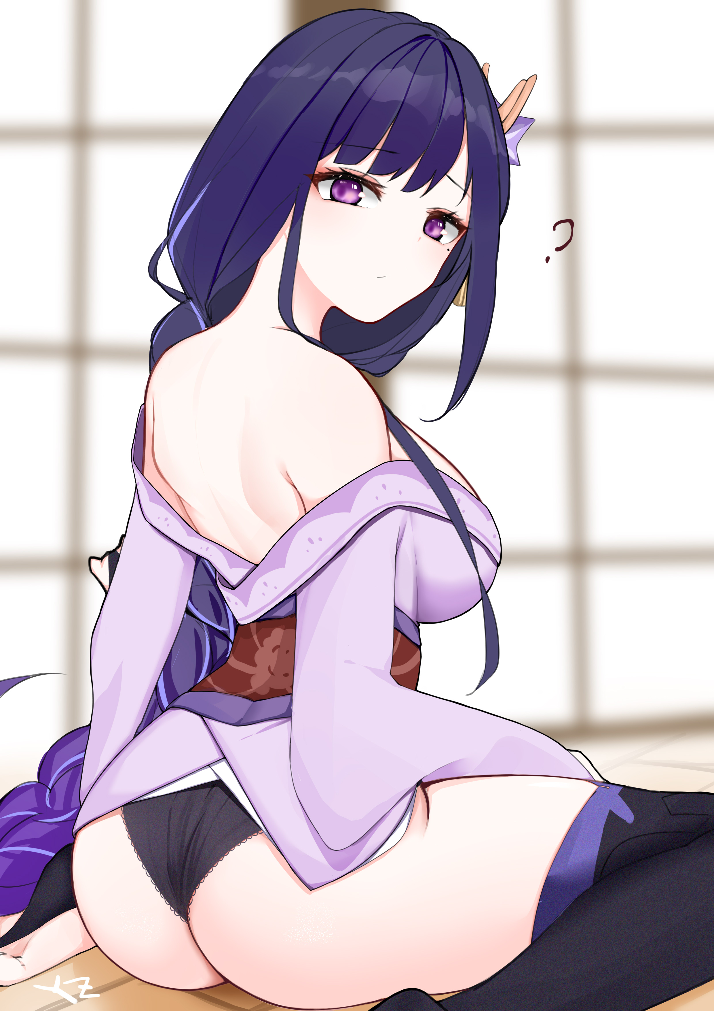 ?, 1girls, ass, barefoot, black panties, braid, breasts, clothing, female, genshin impact, japanese clothes, kimono, looking at viewer, panties, purple eyes, purple hair, raiden shogun, underwear, yonzh1cc