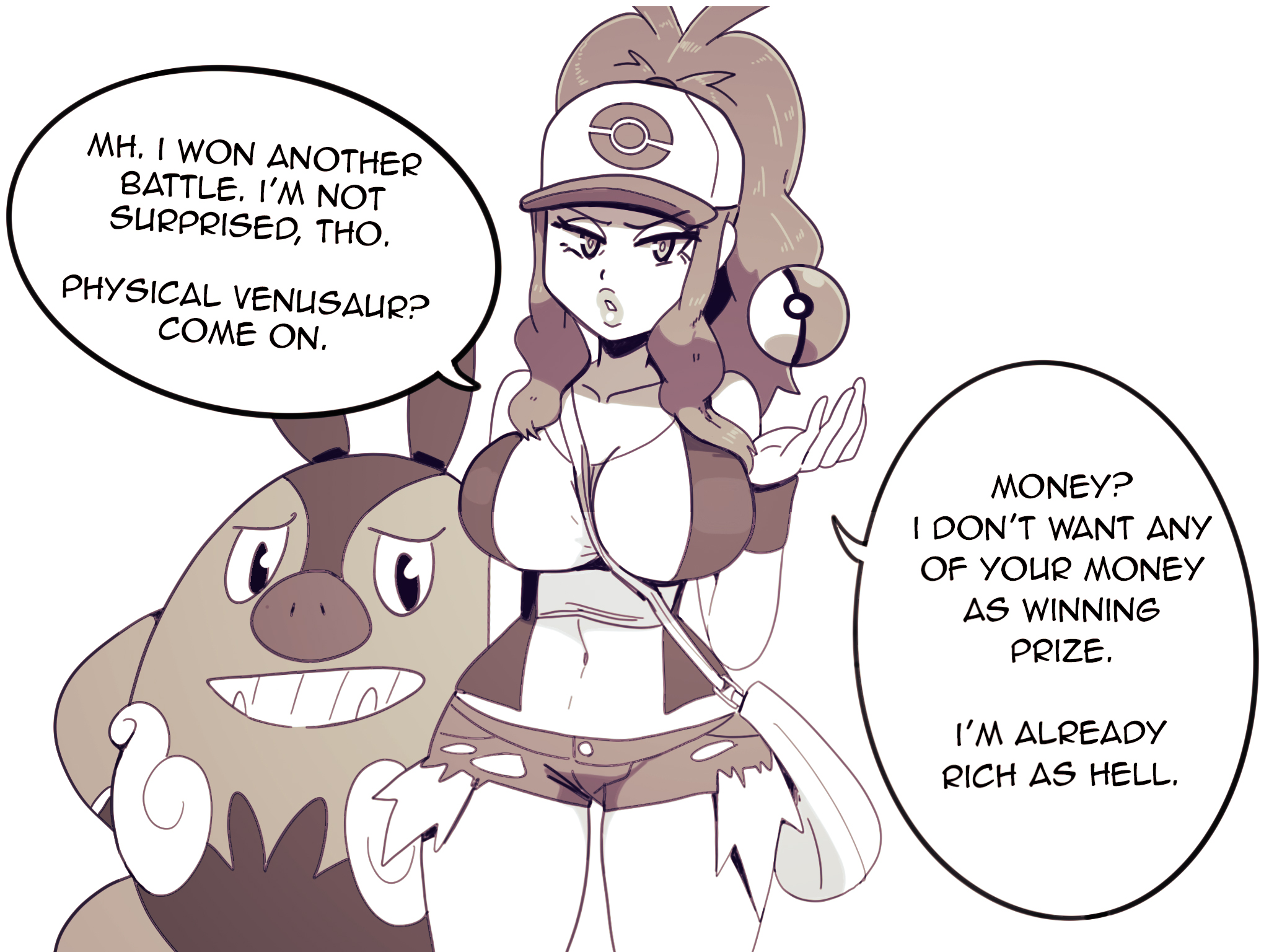 1girls, dialogue, english text, female, hi res, hilda (pokemon), looking at viewer, nintendo, pignite, pokémon (species), pokeball, pokemon, pokemon (species), pokemon bw, pov, short shorts, shorts, smug, speech bubble, talking to viewer, white background, wolfgang bang, year request