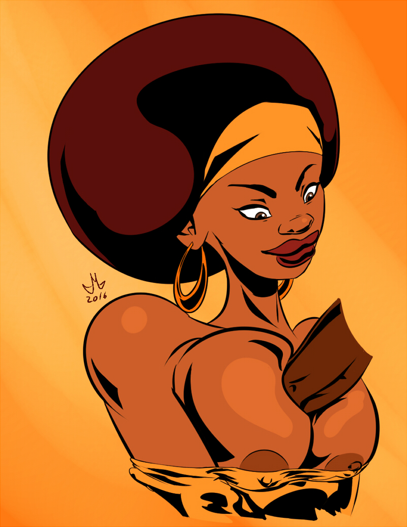 1girls 2016 afro bandana big_nose black_dynamite brown_hair brown_skin dark-skinned_female dark-skinned_male female floating gold_jewelry golden_earrings honey_bee_(black_dynamite) jpeg mckraken outercourse paizuri partial_male penis red_lips red_lipstick thick_lips