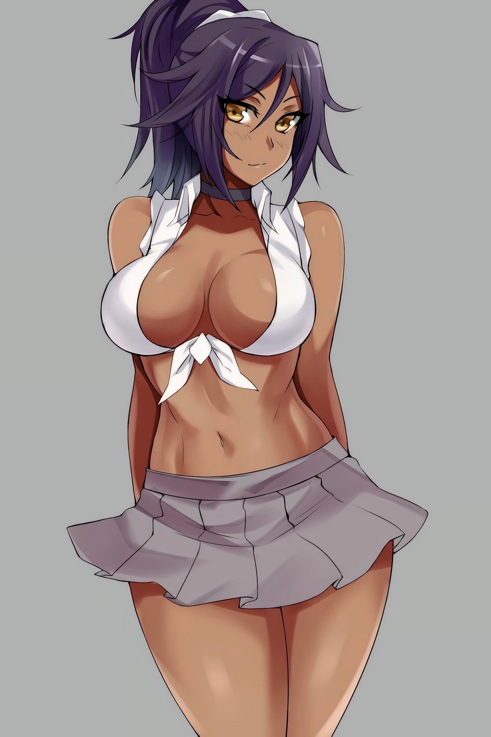 1girls, abs, bangs, bare legs, bare shoulders, big breasts, bleach, blush, breasts, brown skin, choker, cleavage, clothed, clothed female, clothing, curvaceous, curvy, curvy body, curvy figure, dark skin, dark-skinned female, female, female only, grey background, hevn, hourglass figure, large breasts, midriff, miniskirt, mostly nude, no bra, pinup, plain background, purple hair, revealing, revealing clothes, schoolgirl, shihouin yoruichi, shiny, shiny hair, shiny skin, simple background, skimpy, skimpy clothes, skindentation, solo, solo female, solo focus, tied hair, tied shirt, wide hips, yellow eyes