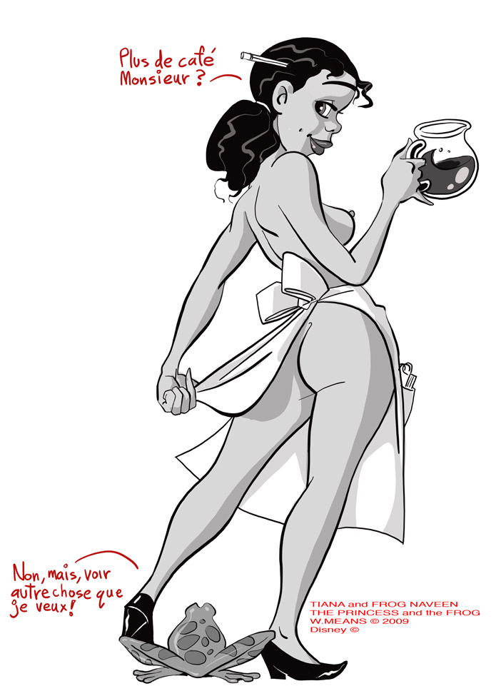 apron ass breasts coffee_pot disney disney_princess female feral frog holding_object human male monochrome nipples nude prince_naveen standing tagme the_princess_and_the_frog tiana worthy_means