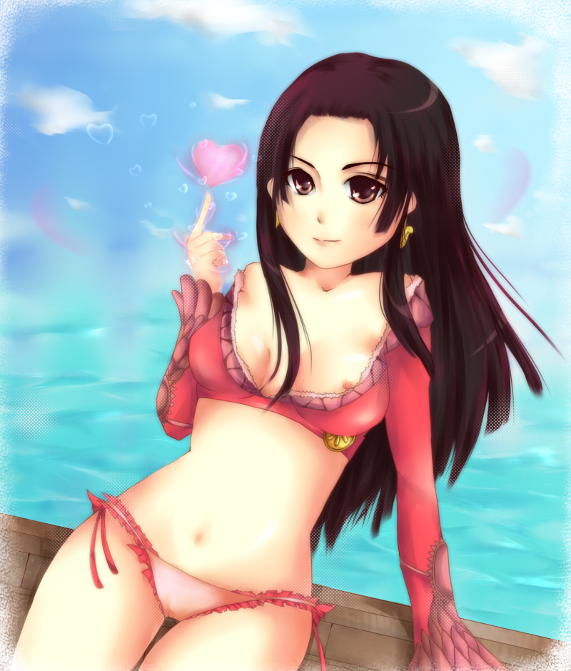 1girls akuma_no_mi black_hair boa_hancock breasts female female_only heart long_hair mero_mero_no_mi midriff nipple_slip nipples one_piece panties solo straight_hair underwear water