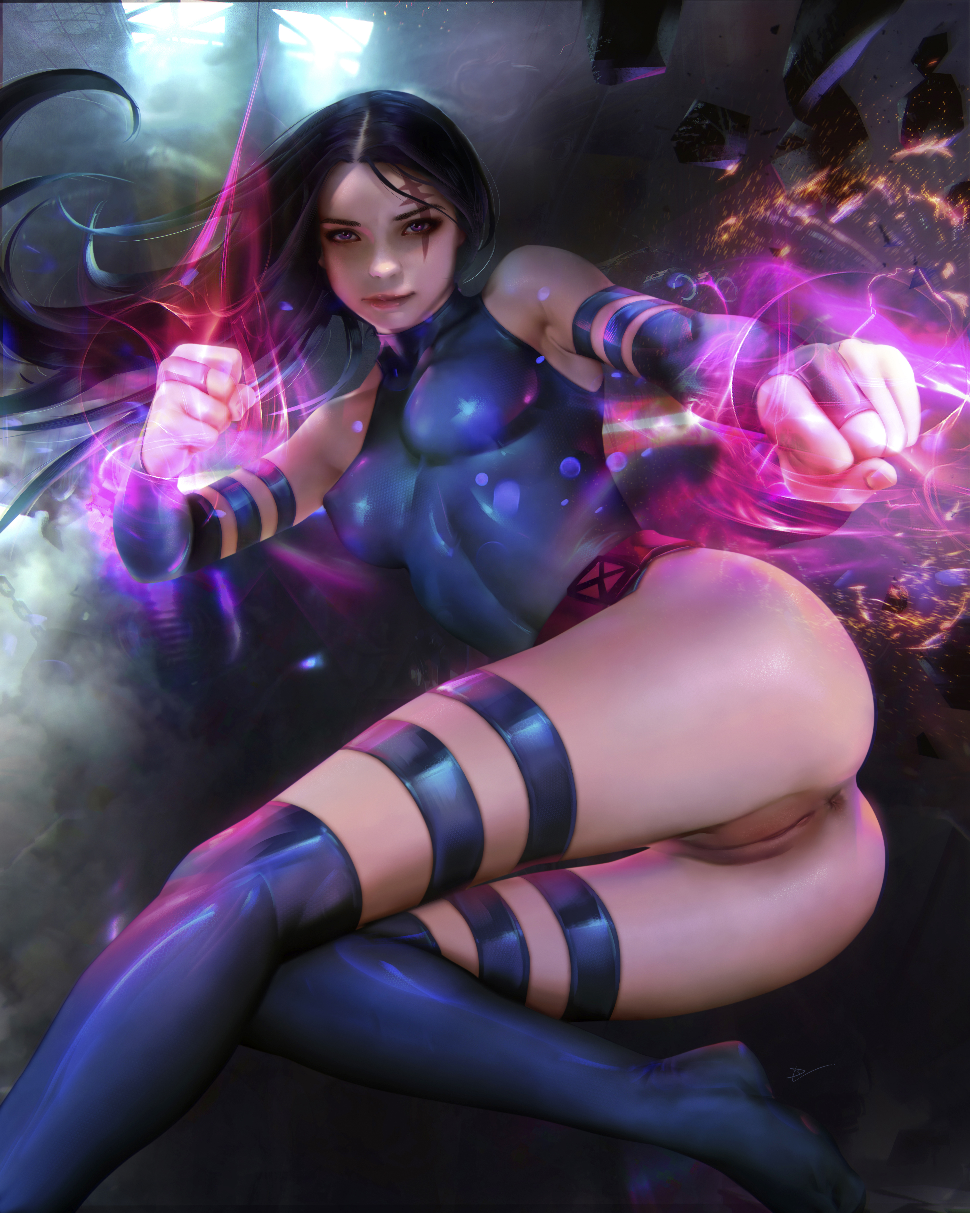 1girls, ass, asshole, bottomless, demonlorddante, female, female only, innie pussy, looking at viewer, marvel, marvel comics, psylocke (kwannon), pussy, realistic, shaved pussy, solo, straight hair, vagina, x-men