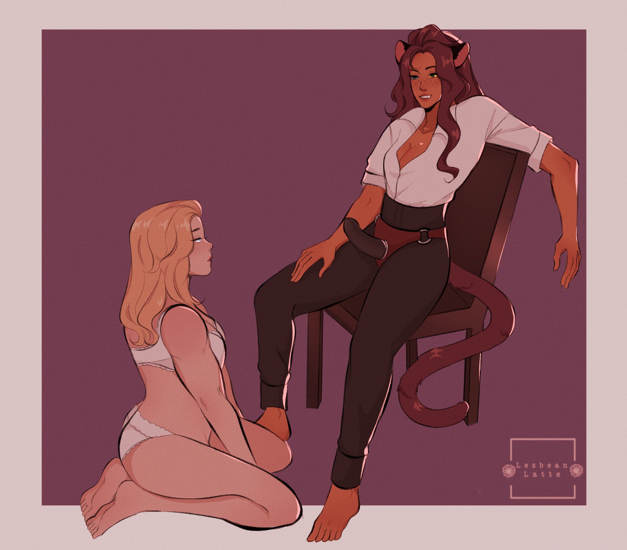 2girls, adora, barefoot, blonde female, blonde hair, blue eyes, bra, brown hair, canon couple, cat ears, catra, cleavage, commission, dark skin, dark-skinned female, female, female only, freckles, half-closed eyes, heterochromia, imminent sex, interspecies, kneeling, lesbeanlatte, light skin, light-skinned female, long hair, multiple females, multiple girls, panties, she-ra and the princesses of power, shirt, sitting, smile, smirk, strap-on, strap-on over clothes, strapon, tail, underwear, white underwear, yuri