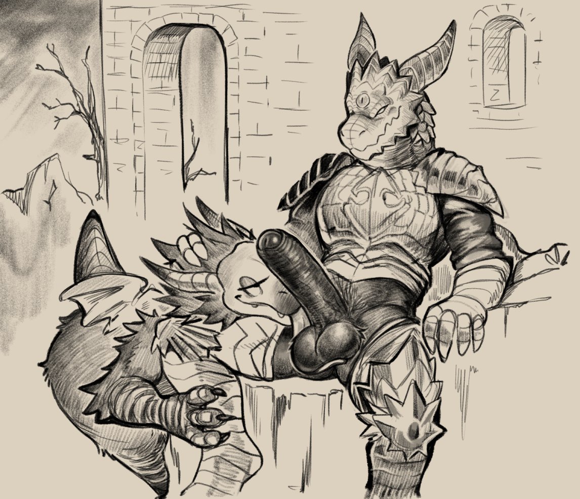 armor, balls, bottomless, daftpatriot, dark souls, dragonoid (dark souls), fan characters, furry, licking, licking balls, male, penis, sex, sketch, smile