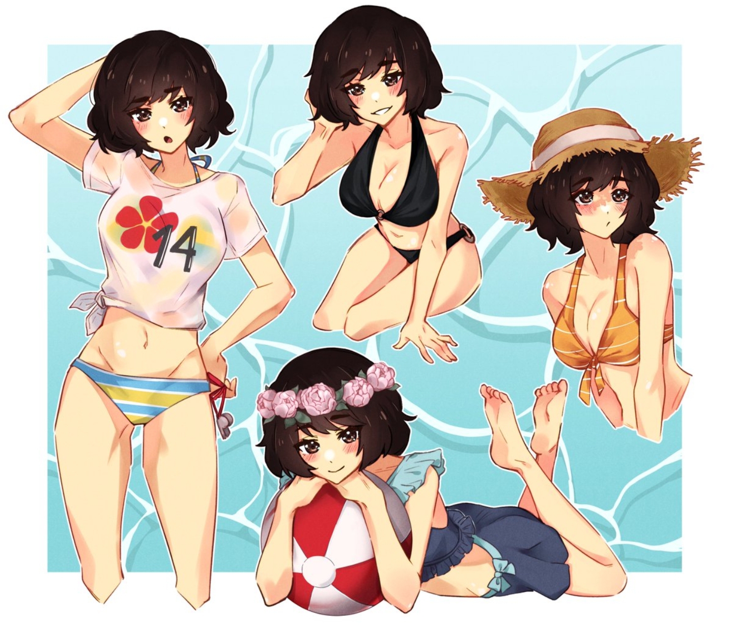 1girls, beach ball, big breasts, bikini, blush, breasts, brown eyes, brown hair, colonel emi, feet, female, female only, flower crown, hand on head, hand on hip, hat, looking at viewer, open mouth, persona, persona 5, sadayo kawakami, sadayo kawakami (swimsuit), see-through, shiny skin, short hair, smile, solo, swimsuit, swimwear, wet shirt