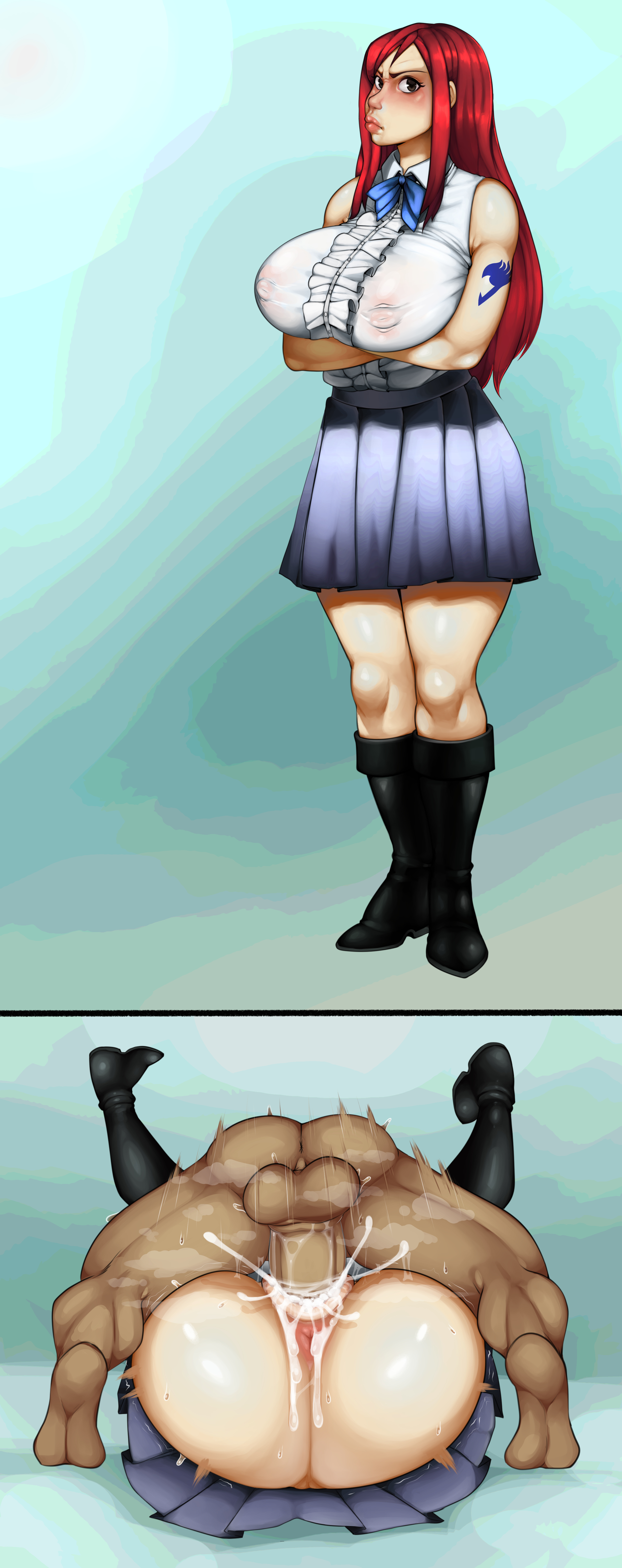 1boy, 1girls, angry, anus, ass, balls, balls deep, big ass, big balls, big breasts, boots, bottomless, breasts, clothed female, clothed female nude male, cum, cum in pussy, cum inside, dark skin, dark-skinned male, ejaculation, erza scarlet, eye contact, fairy tail, female, genital fluids, huge ass, huge breasts, huge cock, interracial, large ass, large balls, large breasts, large testicles, long hair, looking at viewer, male, mating press, moshimashi, muscular, muscular male, nipple bulge, no panties, penis, pussy, red hair, sex, skirt, testicles, thick ass, triangular anus, vaginal penetration, vaginal sex