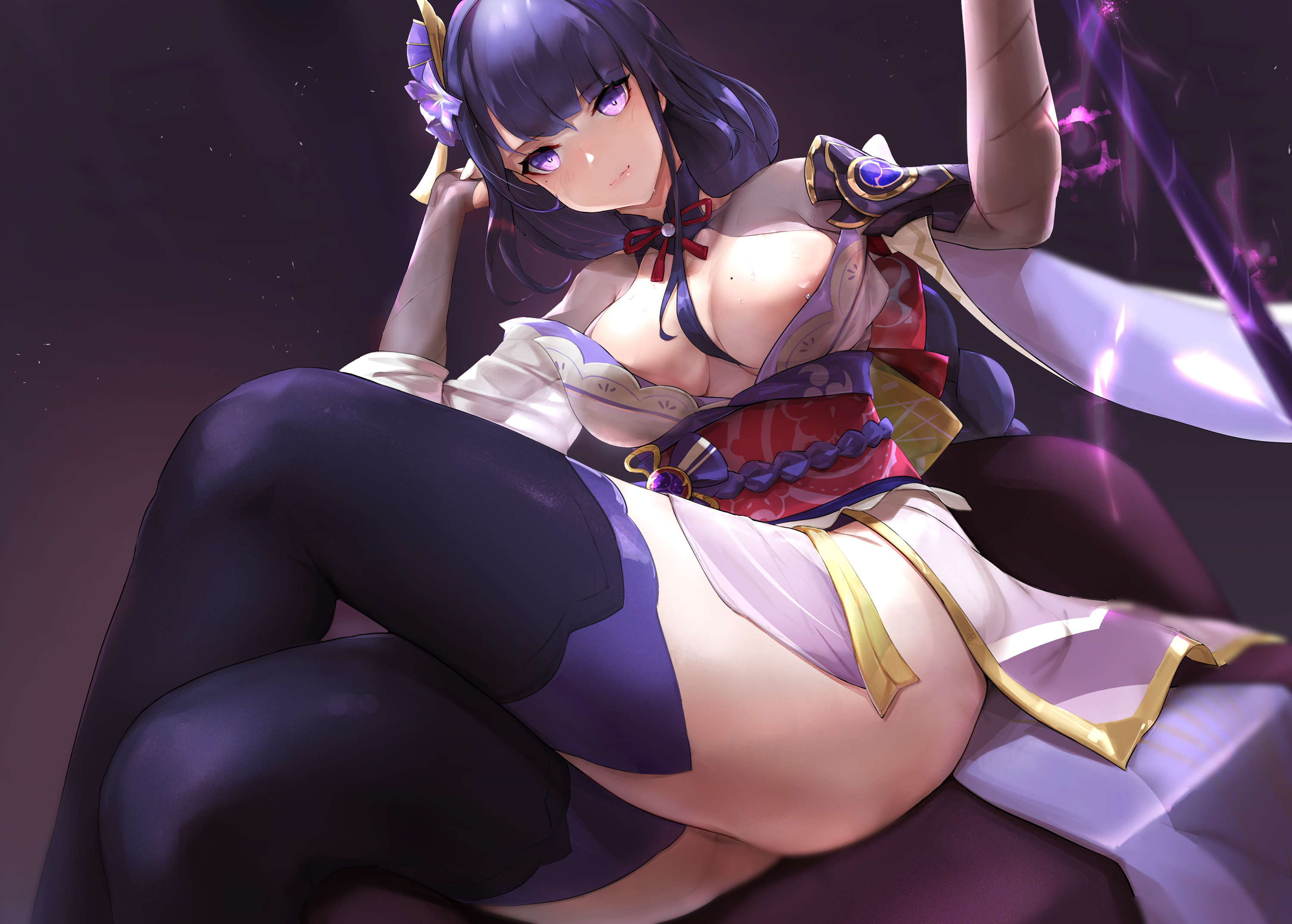 1girls, areola slip, artist request, blush, breasts, clothed, clothing, crossed legs, female, genshin impact, hi res, large breasts, mole, mole on breast, mole under eye, nipple piercing, nipple slip, nipples, no bra, piercing, purple eyes, purple hair, raiden shogun, sitting, thick thighs, thighs