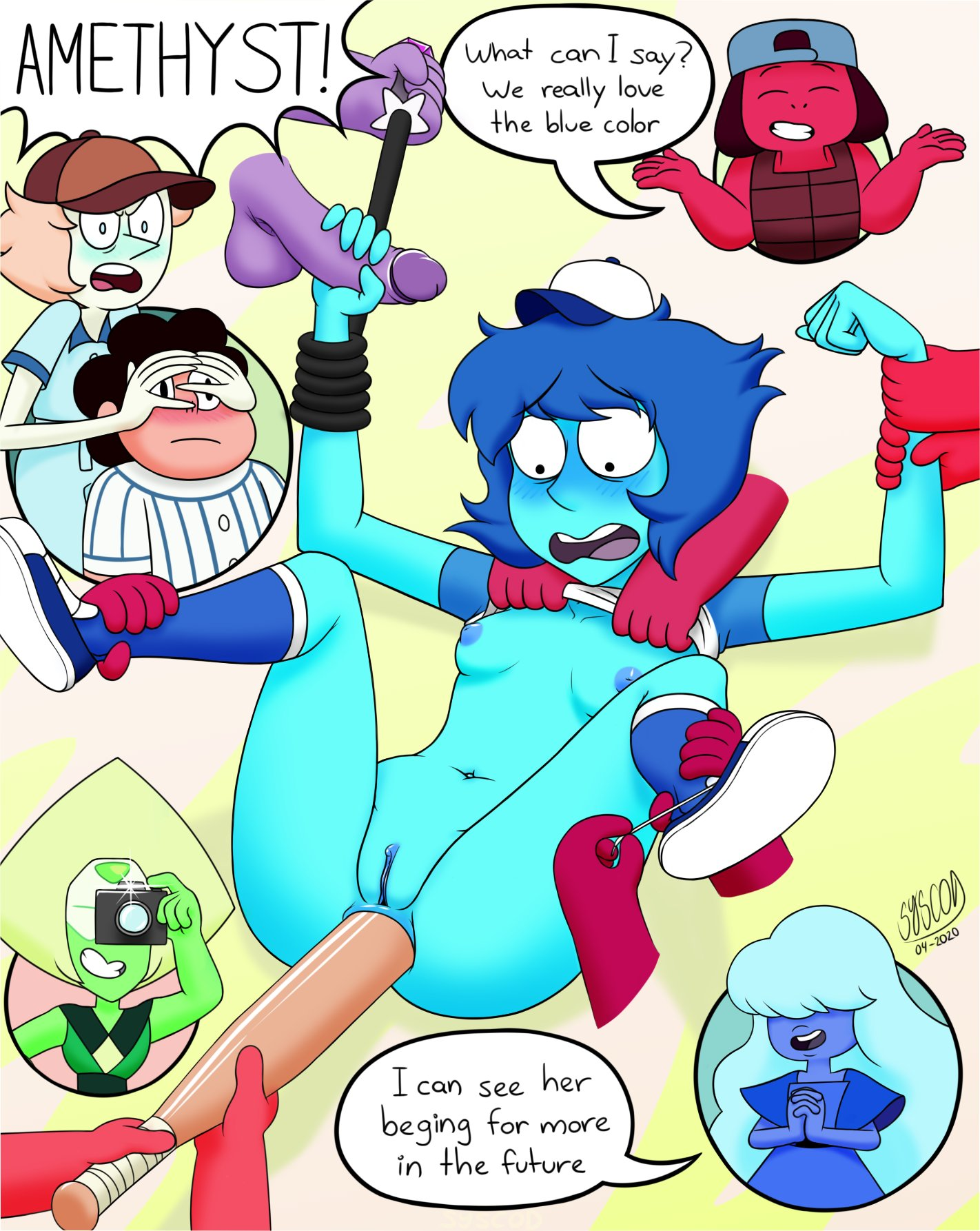 accurate art style, amethyst (steven universe), anal, anal insertion, anal penetration, angry, baseball bat, baseball bat in ass, baseball bat insertion, breasts, cartoon network, female, futanari, hit the diamond (steven universe), intersex, lapis lazuli (bob), lapis lazuli (gem), lapis lazuli (steven universe), nipples, pearl (steven universe), peridot (steven universe), pussy, ruby (steven universe), sapphire (steven universe), scared, small breasts, steven quartz universe, steven universe, syscod, text bubble, whip