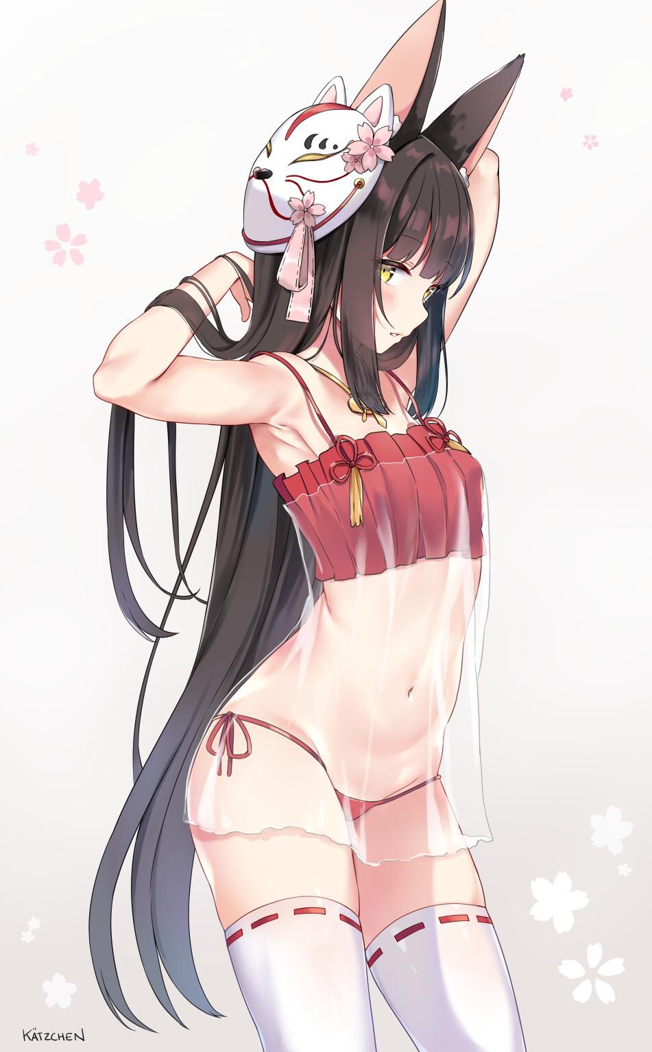 animal_ears anthropomorphization armpit_crease armpits arms_behind_head arms_up artist_name azur_lane bangs black_hair blush breasts camisole female floral_background fox_mask hair hair_lift high_resolution hime_cut jewelry kaetzchen kitsunemimi lingerie long_hair mask midriff nagato_(azur_lane) navel necklace negligee nightgown pantsu pettanko red_panties red_underwear ribbon-trimmed_legwear ribbon_trim see-through side-tie_panties sidelocks signature skindentation small_breasts solo spaghetti_strap stomach straight_hair string_panties tareme thighhighs transparent_clothes underwear very_long_hair yellow_eyes