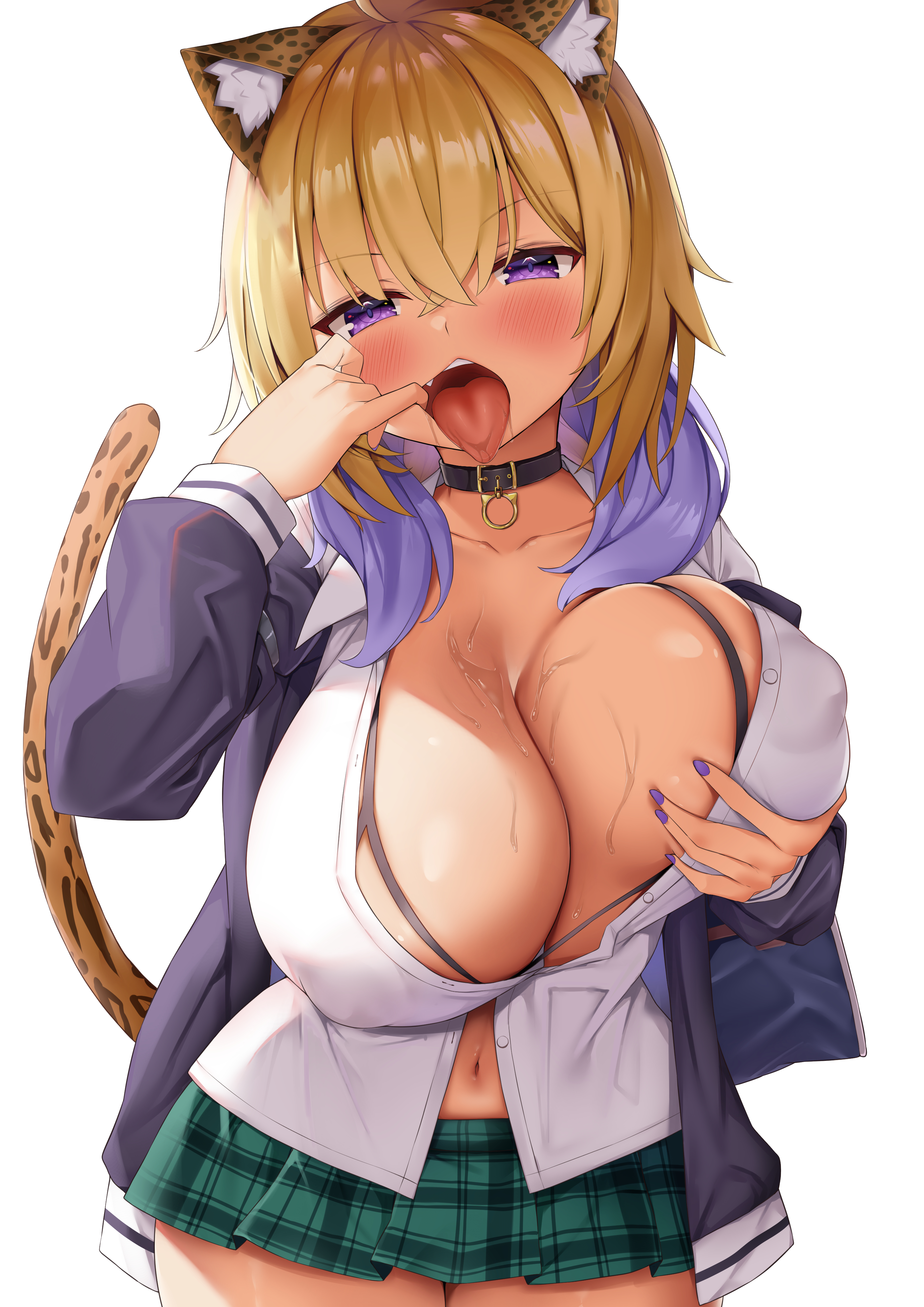 1girls, 2021, alternate breast size, alternate hair color, animal ears, belly button, big breasts, blonde female, blonde hair, breasts, cat ears, cat girl, cat tail, catgirl, cleavage, female, female focus, female only, finger in mouth, fingernails, fishhooking, green skirt, gyaru, hololive, hololive gamers, hololive japan, huge breasts, kemonomimi, kusana (dudqja602), leopard ears, leopard print, leopard tail, looking at viewer, miniskirt, nail polish, navel, nekomata okayu, nipple bulge, ogyayu (nekomata okayu), open mouth, open shirt, purple eyes, purple nails, skirt, solo, solo female, solo focus, sweat, tan, tan body, tan skin, tanned, tanned skin, tongue, tongue out, virtual youtuber, white background