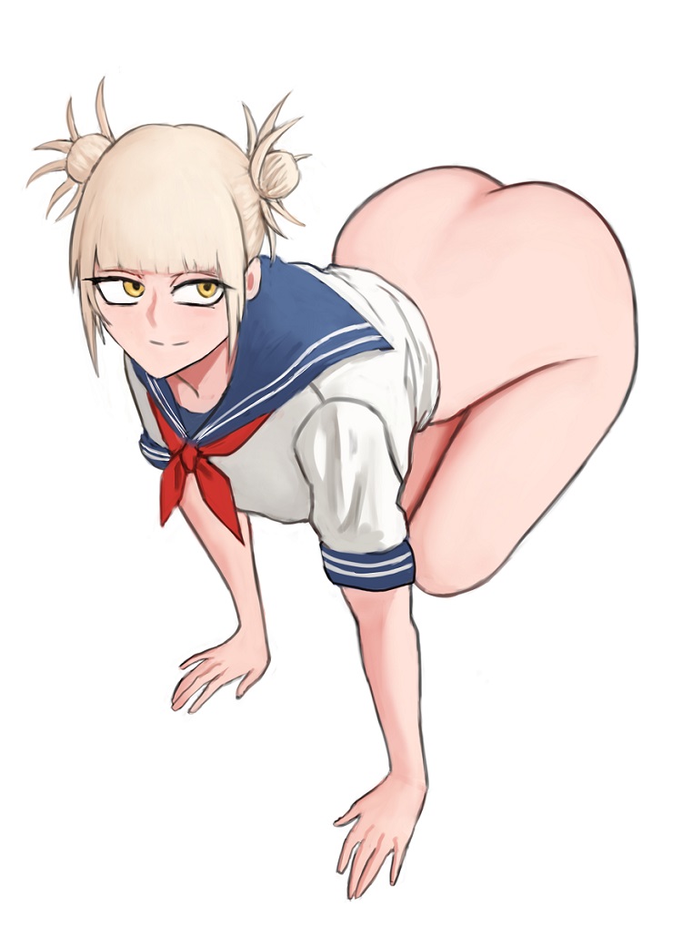 1girls, 1pp1x, ass, big ass, big butt, blonde hair, blonde-haired female, bottomless, double bun, female, himiko toga, my hero academia, partially clothed, thighs, white background, yellow eyes
