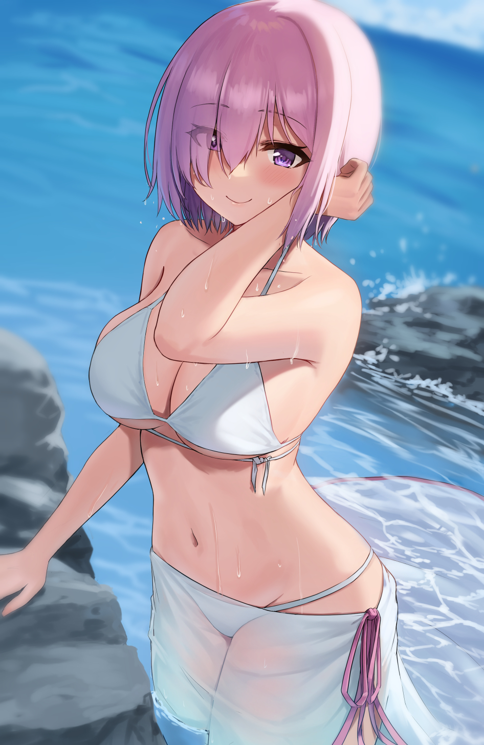 1girls, ayul (ayulneri 92), beach, big breasts, bikini, bikini bottom, bikini skirt, bikini top, blush, breasts, cleavage, collarbone, fate (series), fate/grand order, female, female focus, female only, large breasts, mash kyrielight, pink hair, purple eyes, short hair, skirt, smile, smiling, swimsuit, wet, white bikini, white swimsuit
