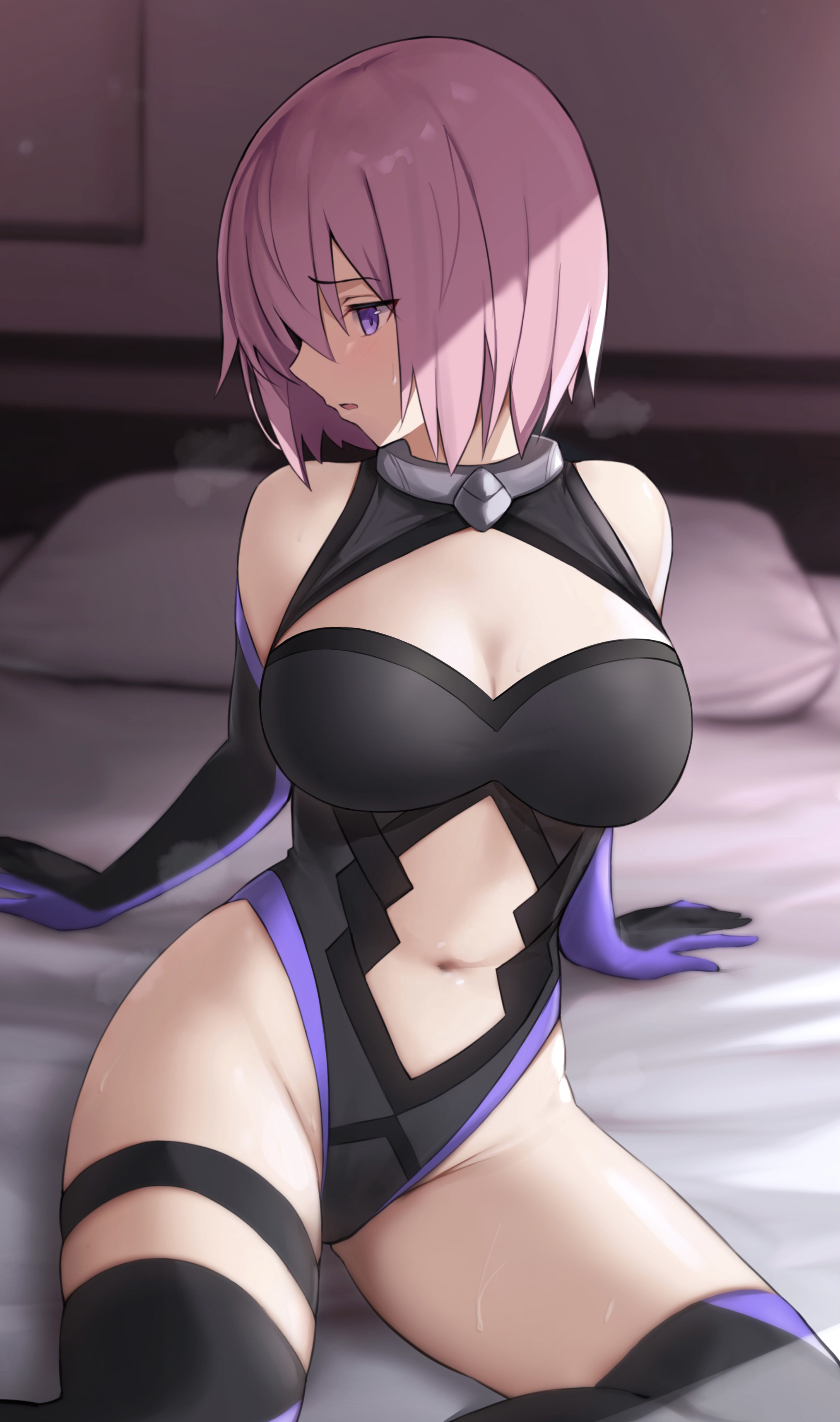 1girls, absurdres, armwear, bare shoulders, bed, bee doushi, big breasts, black legwear, blurry background, blush, breasts, cleavage, cleavage cutout, clothed, clothing, elbow gloves, eyebrows visible through hair, fate (series), fate/grand order, female, female only, gloves, heavy breathing, leotard, looking away, looking to the side, mash kyrielight, navel cutout, on bed, one eye covered, pink hair, purple eyes, shy, sitting, thick thighs, thighhighs