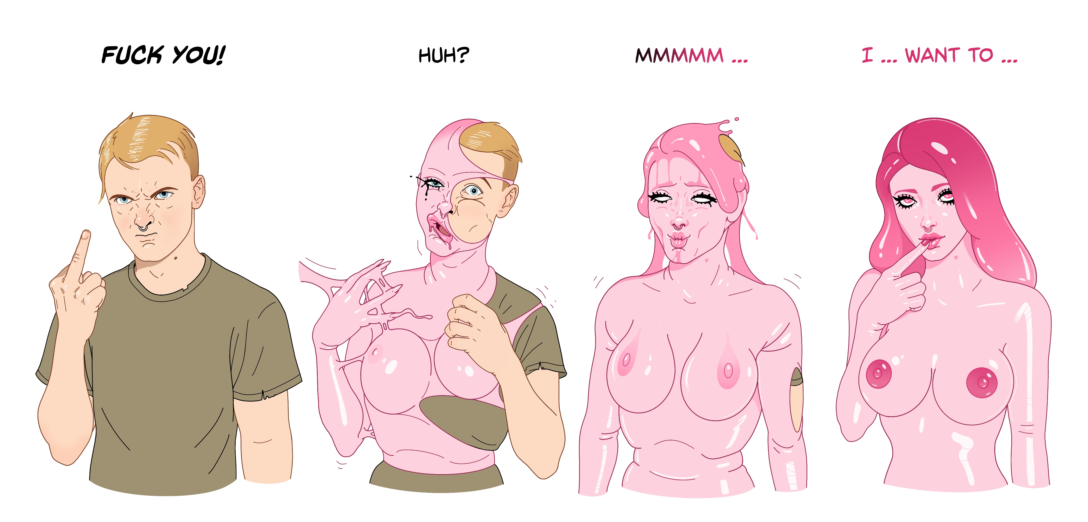 1boy, bimbo, bimbofication, breast expansion, breast growth, breast growth (enlargement), breasts, female, gender transformation, genderswap, genderswap (mtf), gooptg, lips, looking at viewer, male, monster girl, mtf transformation, nipples, nude, pink hair, pink lips, pink nipples, pink skin, rule 63, slime, solo, text, transformation