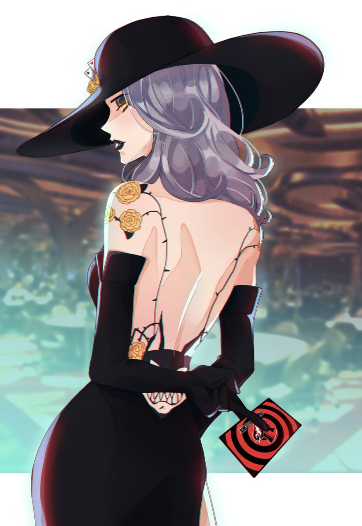 1girls, backless outfit, black lipstick, colonel emi, female, female only, gloves, grey hair, hat, long hair, looking away, persona, persona 5, sae niijima, shadow self (persona), solo, yellow eyes