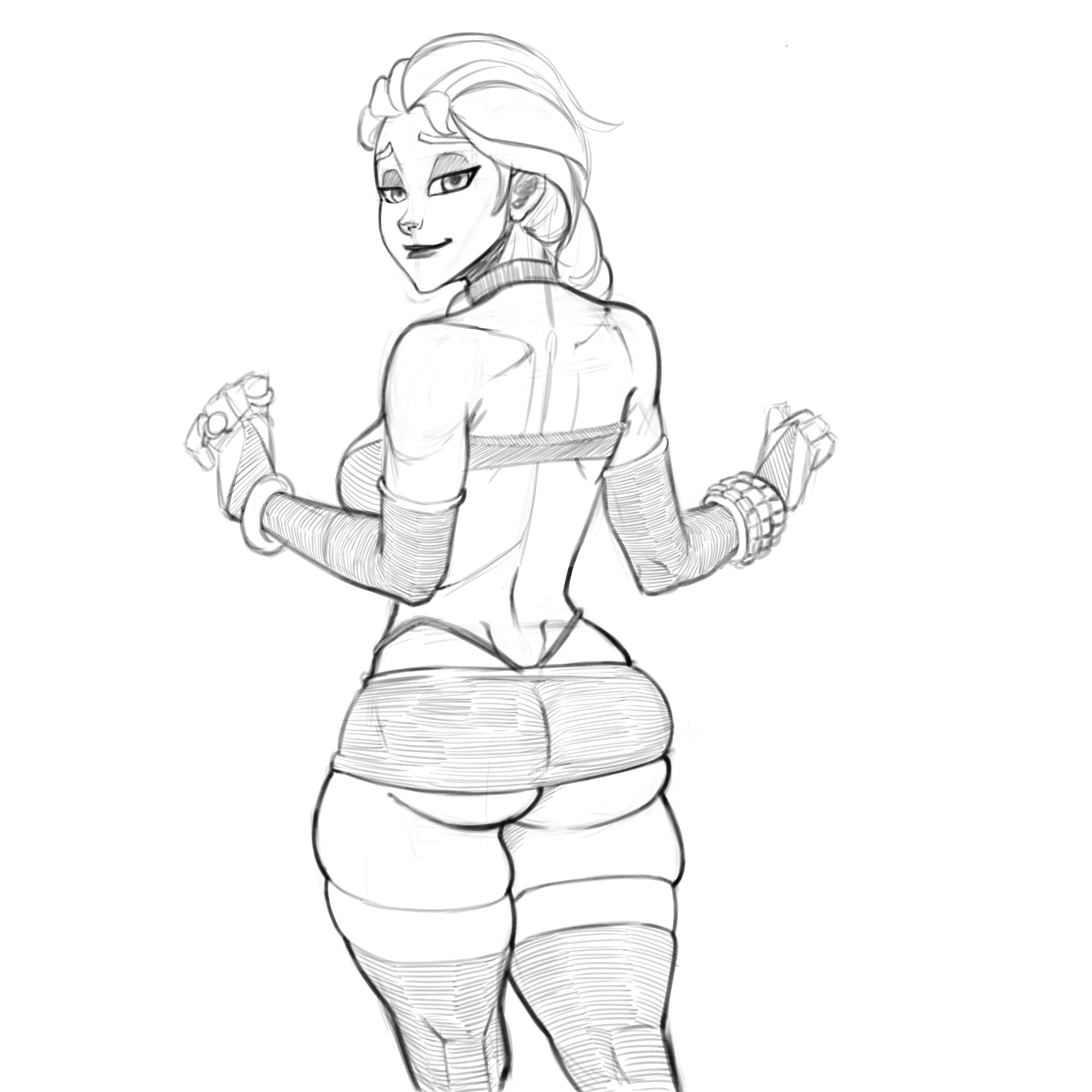 ass, breasts, disney, elsa (frozen), female, female only, frozen (film), large breasts, medium breasts, monochrome, onemienix, thong, whale tail