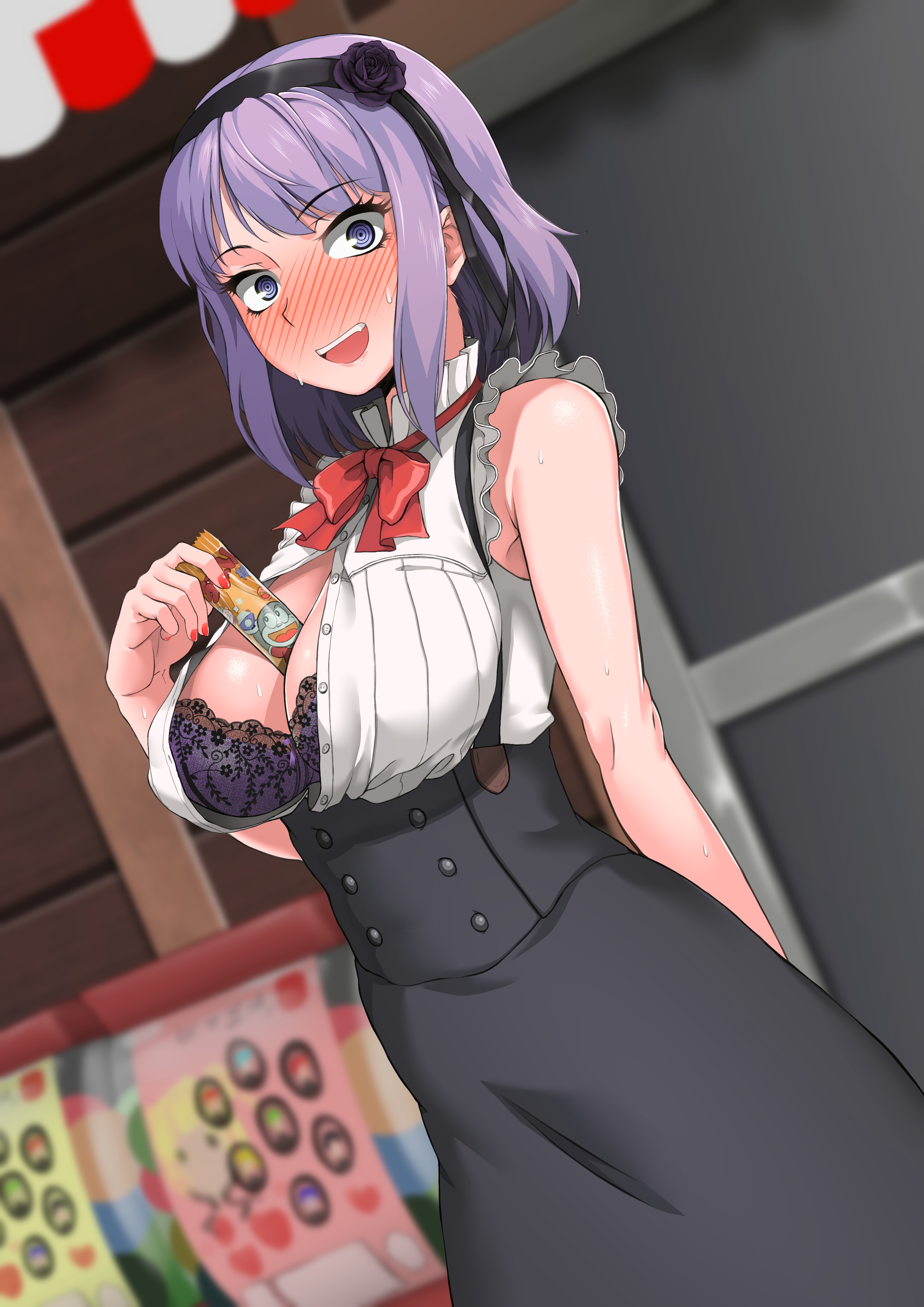 1girls, big breasts, blush, blushing at viewer, blushing profusely, bra, bra cups sticking out, breasts, busty, cleavage, corset, dagashi kashi, deep cleavage, dress, embarrassed, female, large breasts, looking at viewer, nervous, object between breasts, open clothes, open mouth, painted nails, purple eyes, purple hair, shidare hotaru, smile, suspenders, thick thighs, voluptuous