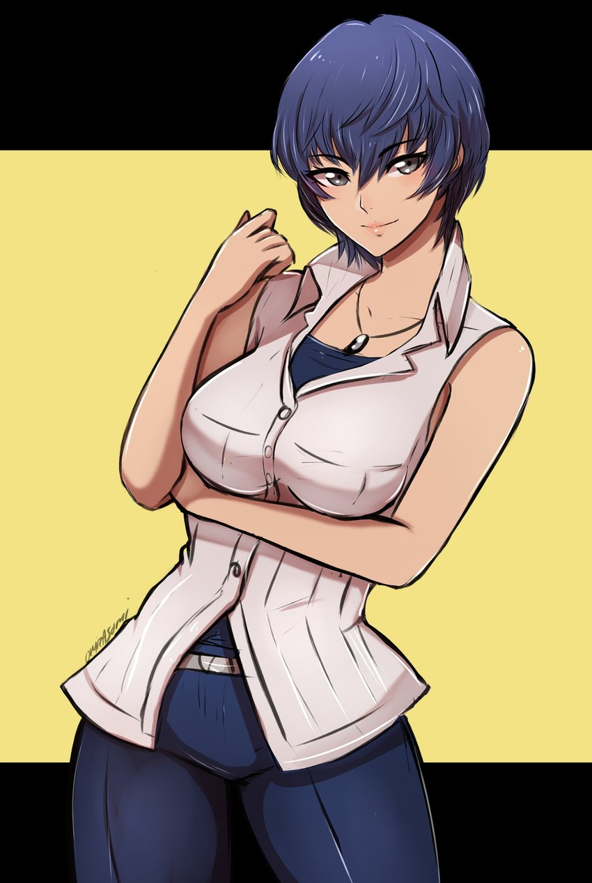 1girls, bare shoulders, blue hair, breasts, commentary, english commentary, eyebrows visible through hair, female, female only, grey eyes, hair between eyes, highres, hips, jewelry, looking at viewer, necklace, omiza somi, persona, persona 4, shirogane naoto, shirt, short hair, signature, simple background, solo, solo female, thick, thick thighs, thighs, very short hair, voluptuous, white shirt, wide hips