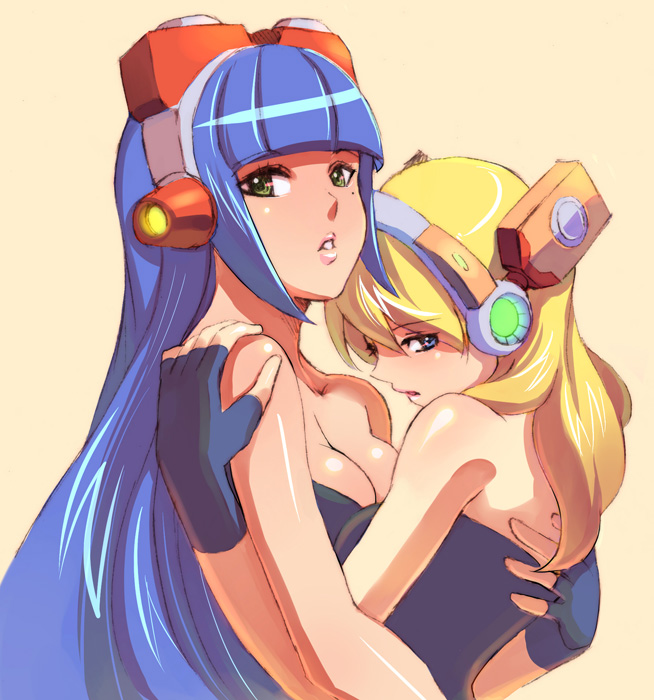 2girls alia blonde_hair blue_eyes cleavage fingerless_gloves green_eyes headphones jiayulong layer long_hair magnet_(vocaloid) mega_man mega_man_x multiple_girls parody parted_lips purple_hair vocaloid yellow_background yuri