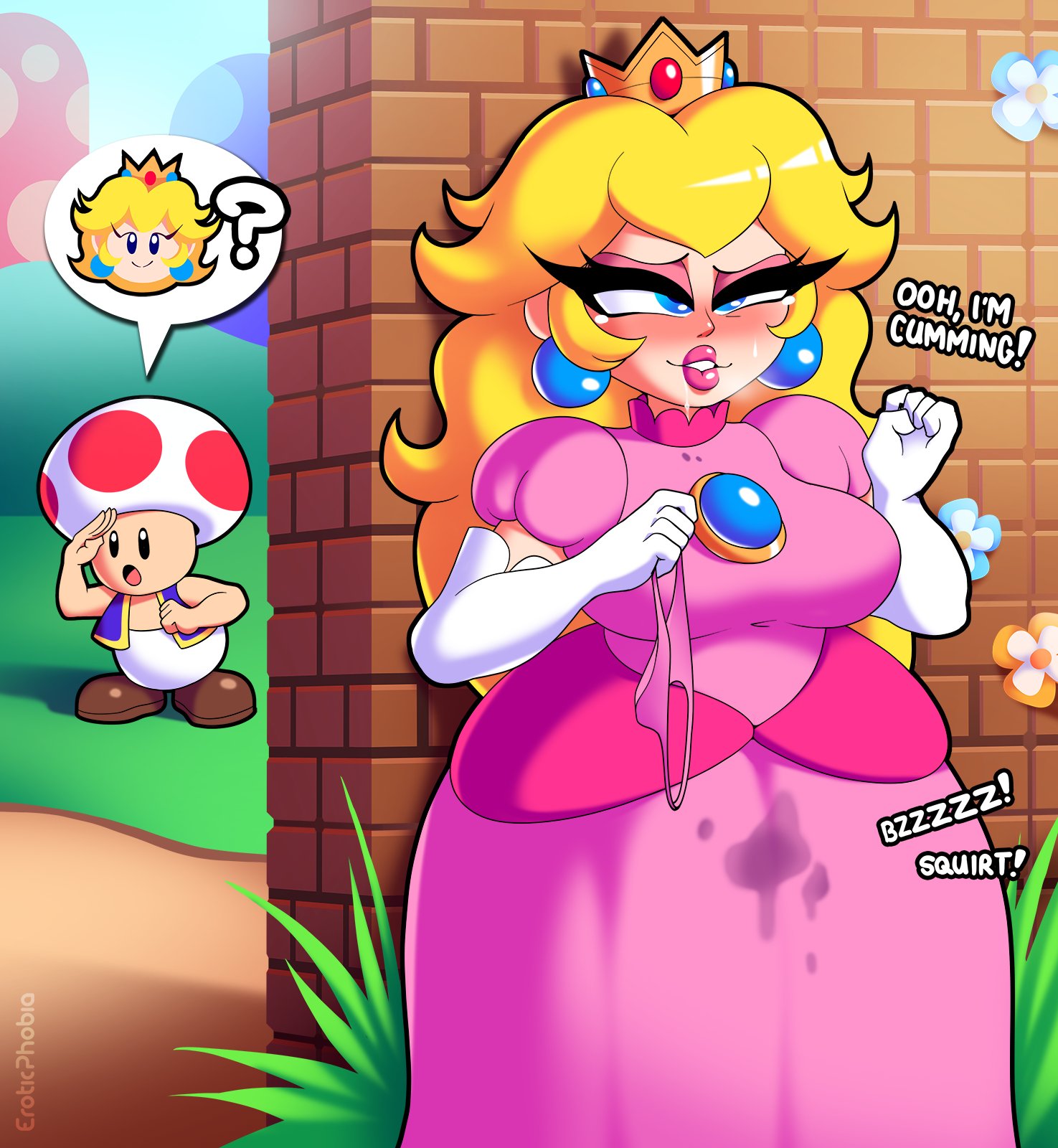 1boy, 1girls, big breasts, blonde hair, blush, breasts, crown, cum announcement, curvy, dress, drooling, earrings, embarrassed, eroticphobia, female, female masturbation, fully clothed, hidden vibrator, implied vibrator, large breasts, lips, looking pleasured, makeup, male, mario (series), nintendo, orgasm, pink dress, princess dress, princess peach, pussy, pussy juice stain, signature, squirting, super mario bros., sweat, text, tiara, toad (mario), vibrator, vibrator under clothes