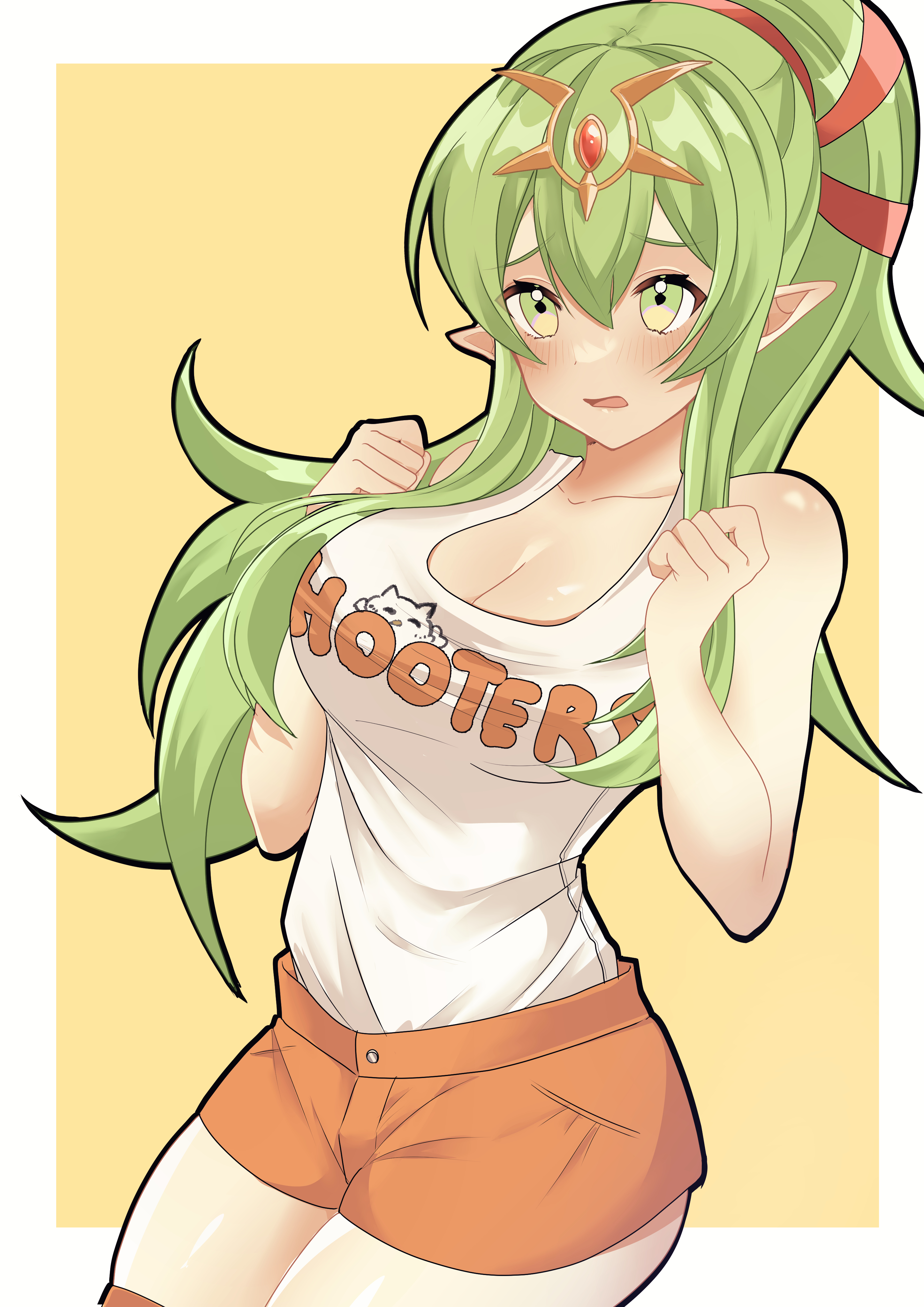 1girls, 2020s, 2021, absurdres, alternate costume, bangs, blush, border, breasts, cleavage, commentary request, commission, denim shorts, eyebrows visible through hair, female, fire emblem, fire emblem awakening, green eyes, green hair, hair between eyes, highres, hooters, l325j, large breasts, long hair, nintendo, orange bottomwear, orange shorts, pointy ears, ponytail, shiny hair, shiny skin, shorts, skeb commission, solo, tank top, text on topwear, tiara, tiki (fire emblem), tiki (fire emblem) (adult), tomboy, two-tone background, white border, white topwear, yellow background