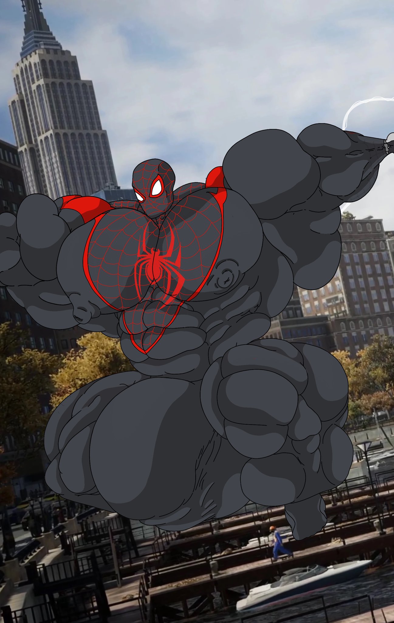 abs arms_up chest_hair chest_tuft cum hairy_chest hairy_pecs himbo hyper hyper_balls hyper_genitalia hyper_muscles hyper_penis hyper_testicles kindaporn male male_focus male_only marvel miles_morales muscle muscles muscular muscular_arms muscular_ass muscular_back muscular_legs muscular_male muscular_thighs spider-man:_into_the_spider-verse text text_bubble words