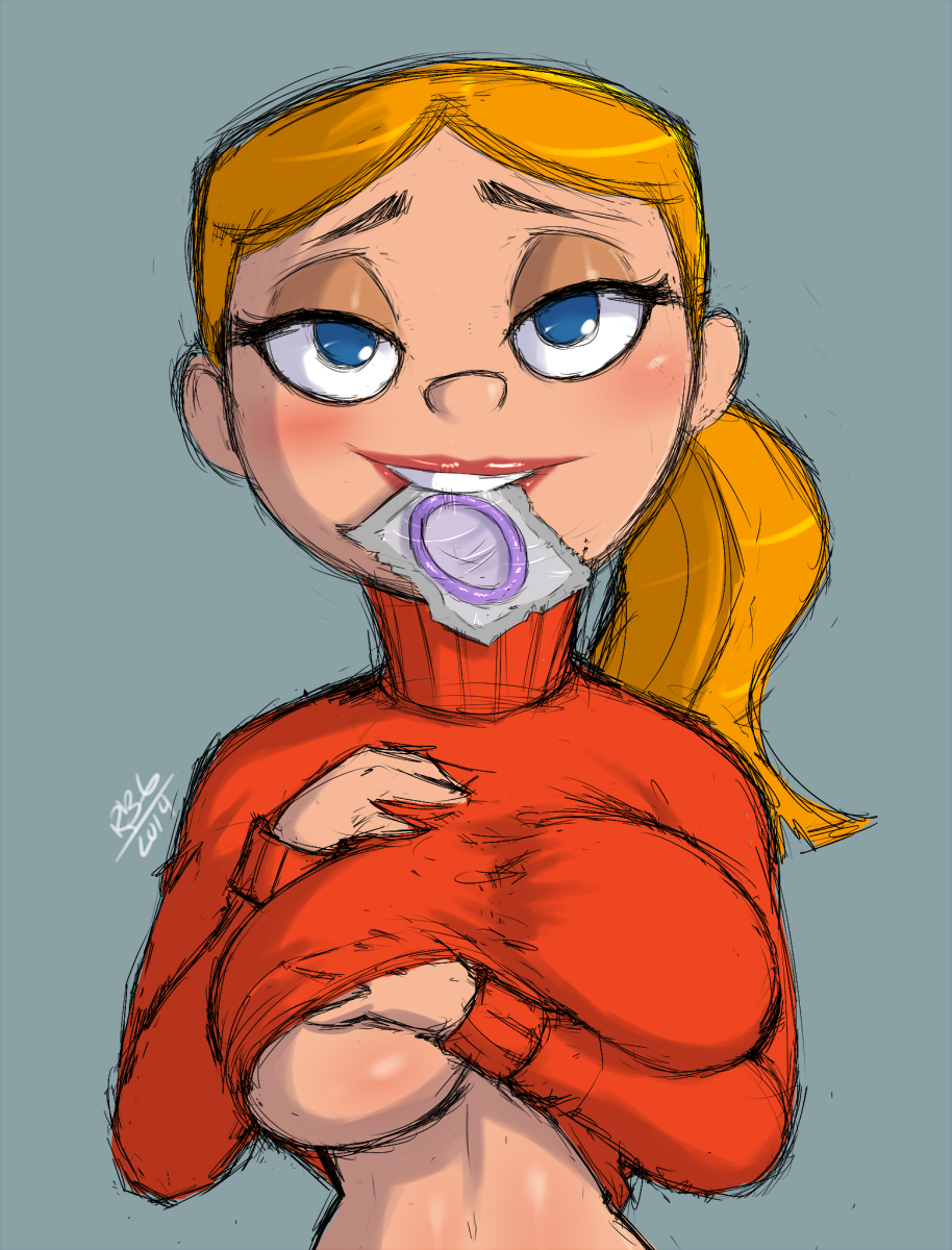 blonde_hair blue_eyes blush breasts cartoon_network claire_(billy_and_mandy) condom condom_in_mouth ponytail randomboobguy solo tagme the_grim_adventures_of_billy_and_mandy turtleneck underboob wrapped_condom