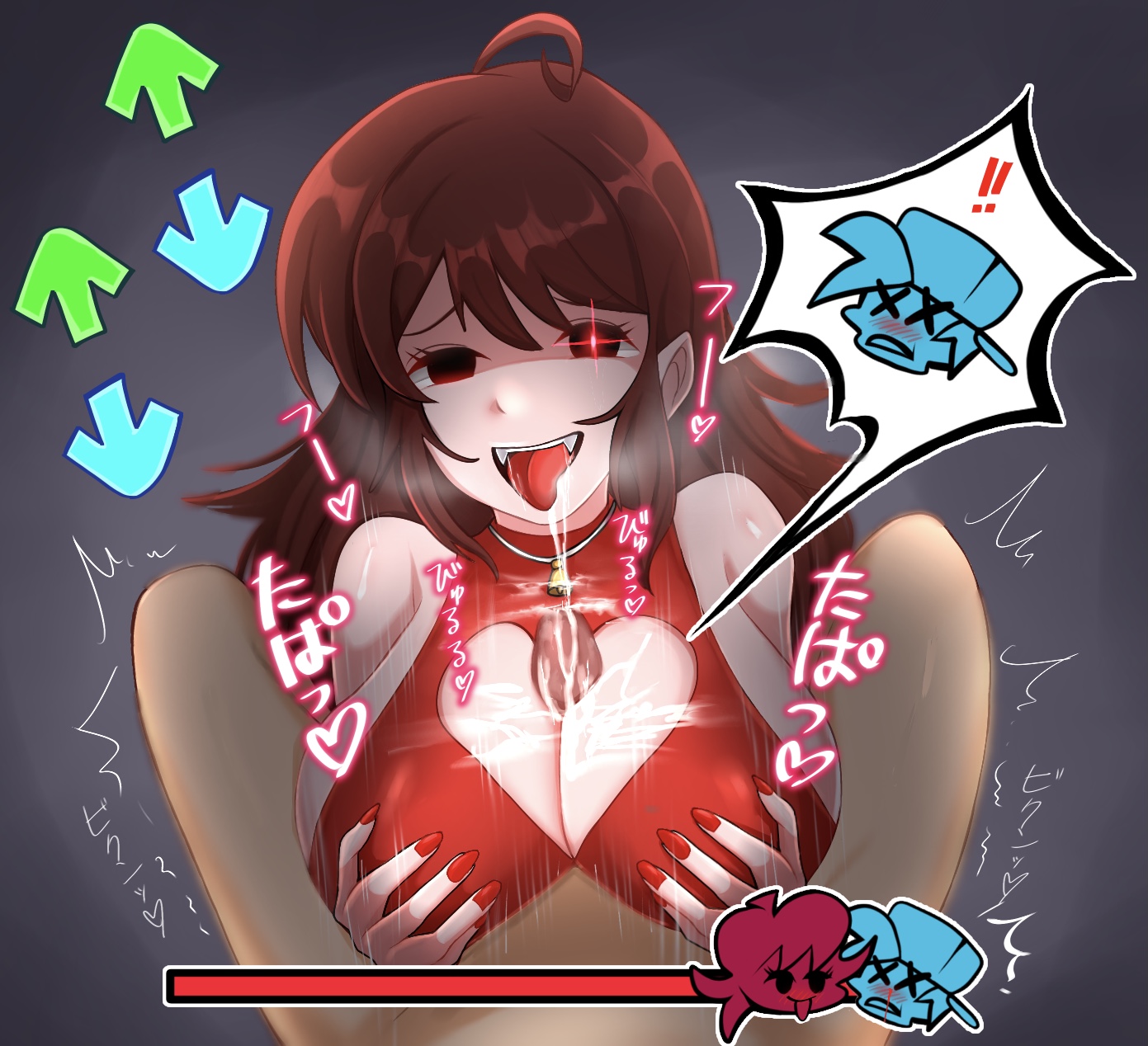 1boy, 1girls, beni imo, beni imo (beniimo45450721), big breasts, blue hair, blush, boyfriend (friday night funkin), breasts, brown hair, cum, cum between breasts, ejaculation between breasts, eye contact, female, friday night funkin, gameplay mechanics, girlfriend (friday night funkin), large breasts, long hair, looking at viewer, male, male pov, paizuri, penis, pov, pov eye contact, red nails, short hair, smile